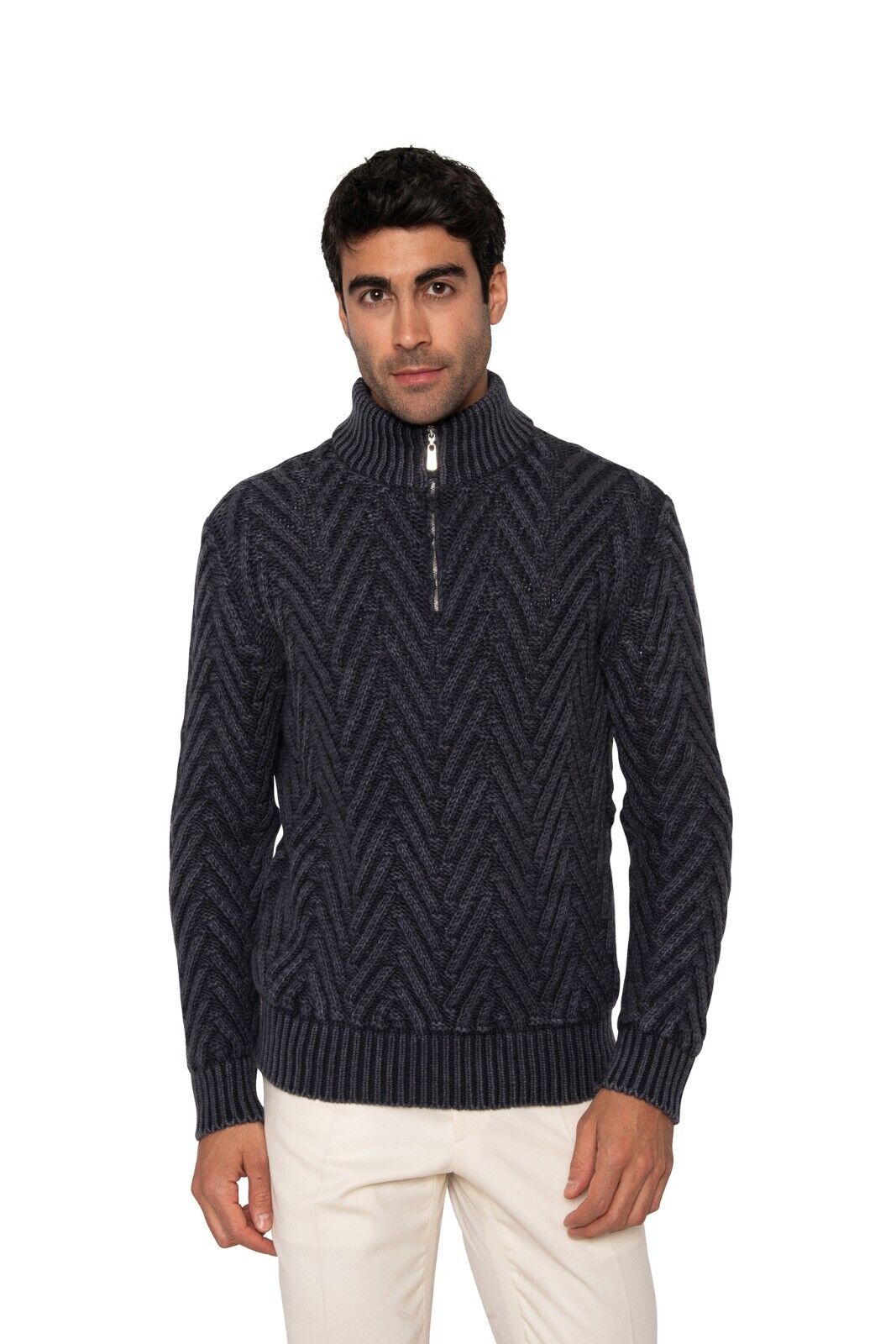 $1400 FEDELI CASHMERE Blue Sweater Half Zip Thick 100% Cashmere 40 US / 50 EU