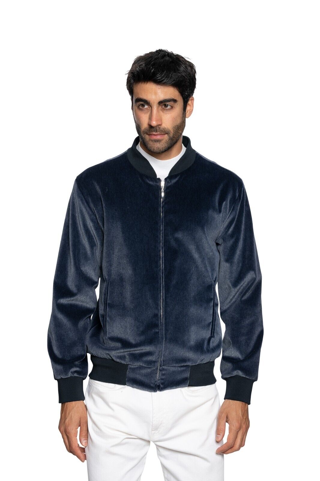 1450$ FABIO CAVIGLIA Bomber Jacket Blue Corduroy + Lining in Silk  Size L