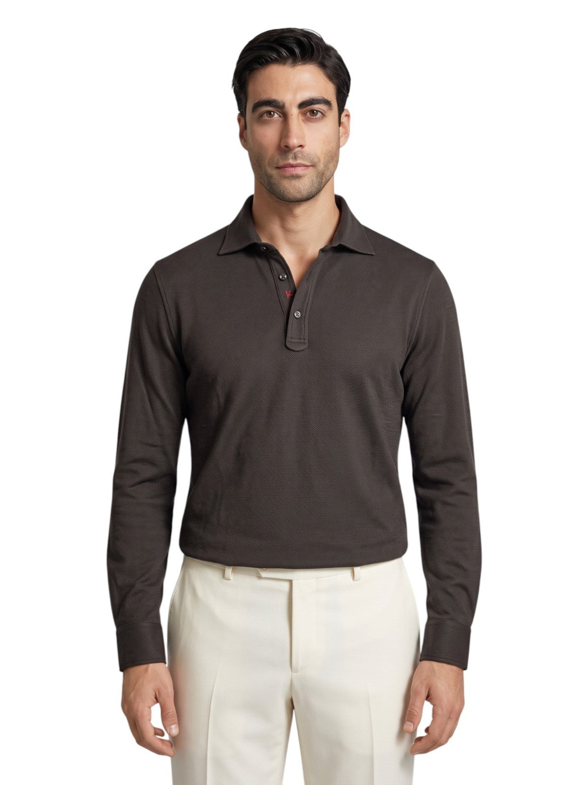 1200$ ISAIA NAPOLI Dark Brown Hand-Sewn Polo Jersey Knit Wool Merino Size S