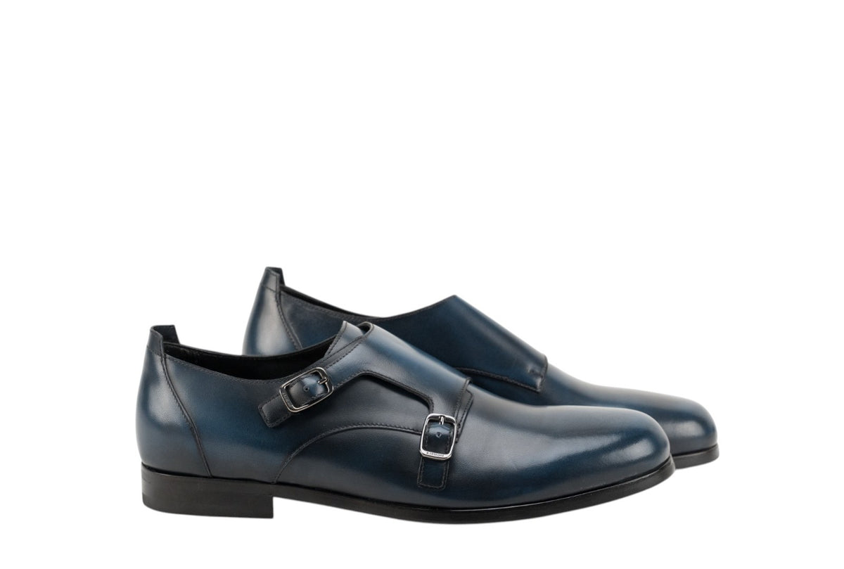 1250$ TESTONI Double Monk Shoes Grain Brushed Calf Blue Navy 8 UK / 9 US / 42 IT