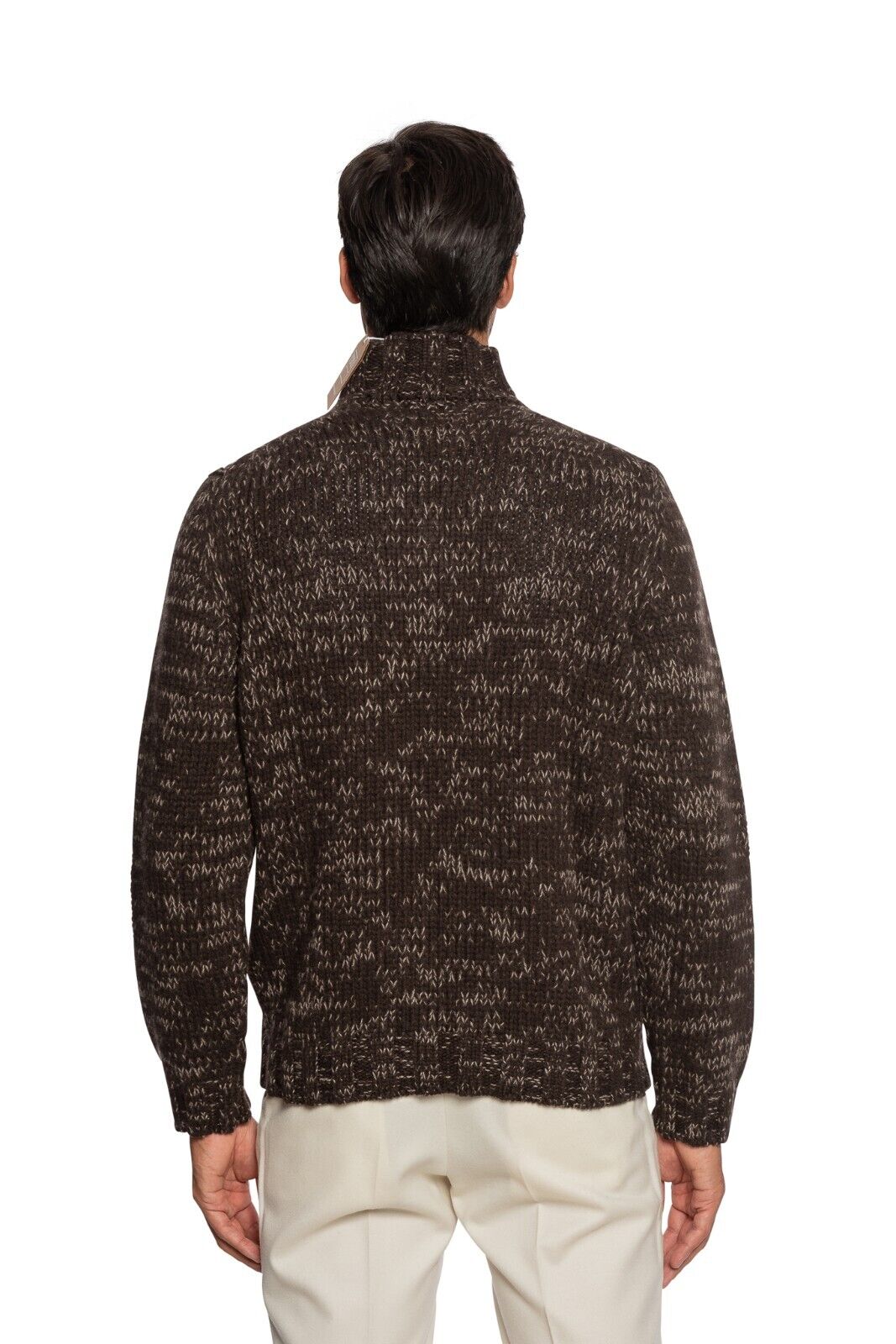$1500 FEDELI CASHMERE Brown Sweater Thick Mouline Ribbed 100% Cashmere Mock Neck