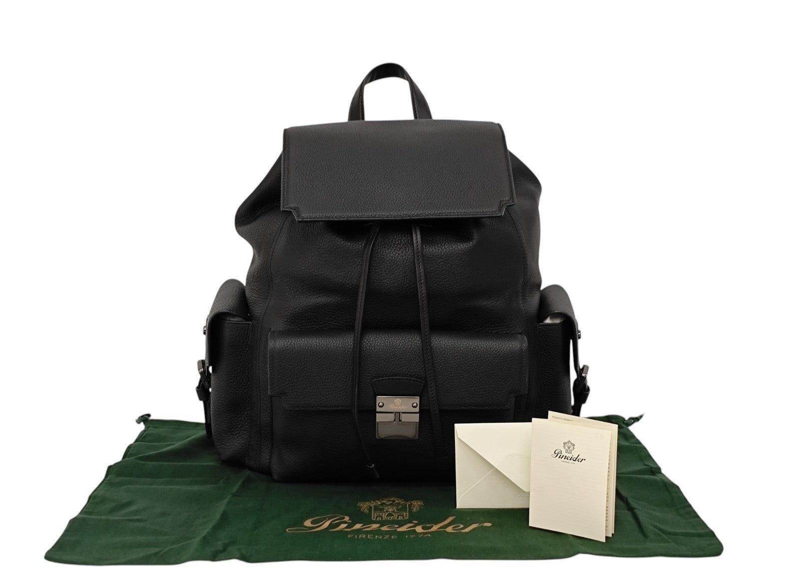 1990$ PINEIDER BOTTOLATO Grain Calf Multiple Backpack Travel Weekender Black XL