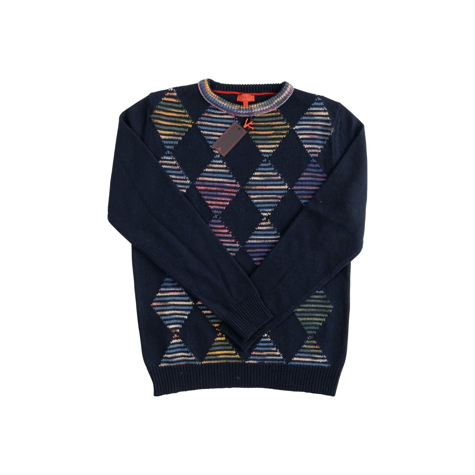 1500$ ISAIA NAPOLI Blue Navy Argyle Sweater Crewneck Merinos Wool Size M