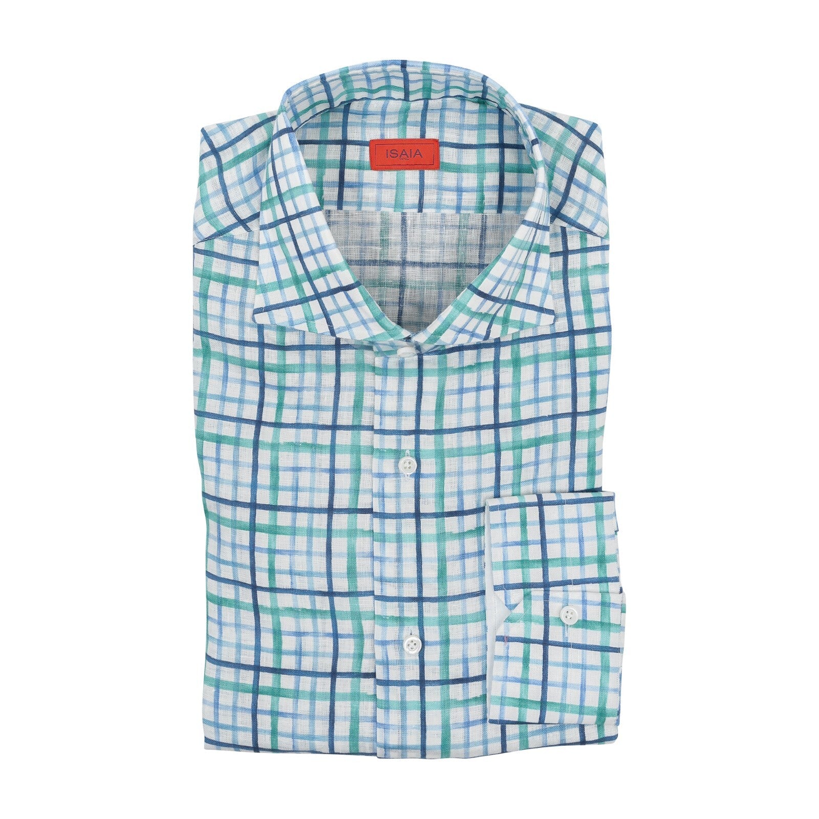 650$ ISAIA NAPOLI White Mix Checks Hand-Sewn Dress Shirt 100% Linen 17.5 - 44