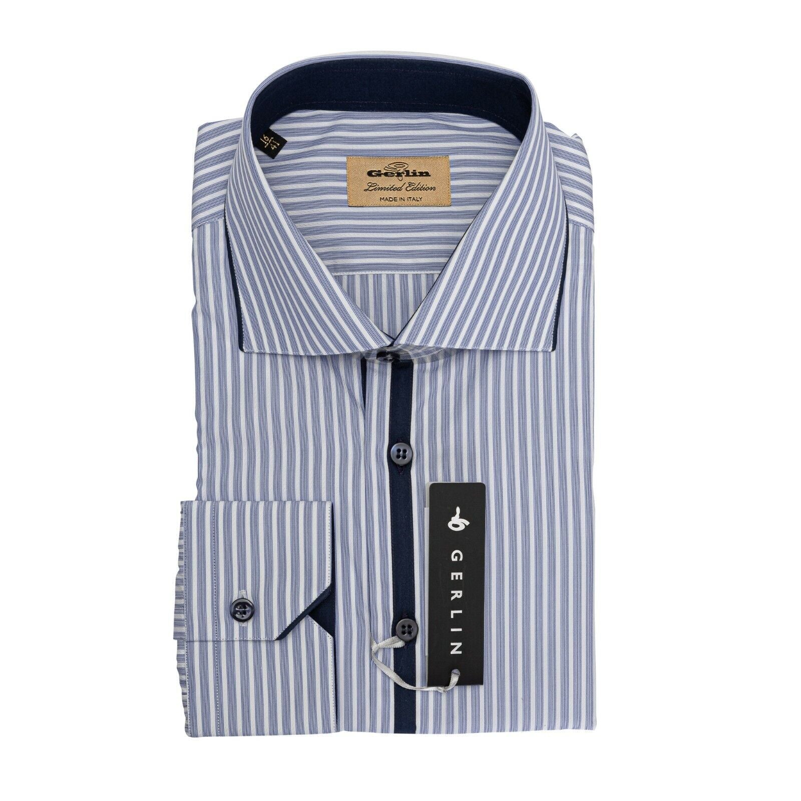 LUXURY 690$ GERLIN Shirt Striped Blue ALUMO SUPRALUXE Cotton 16-41 BIJAN
