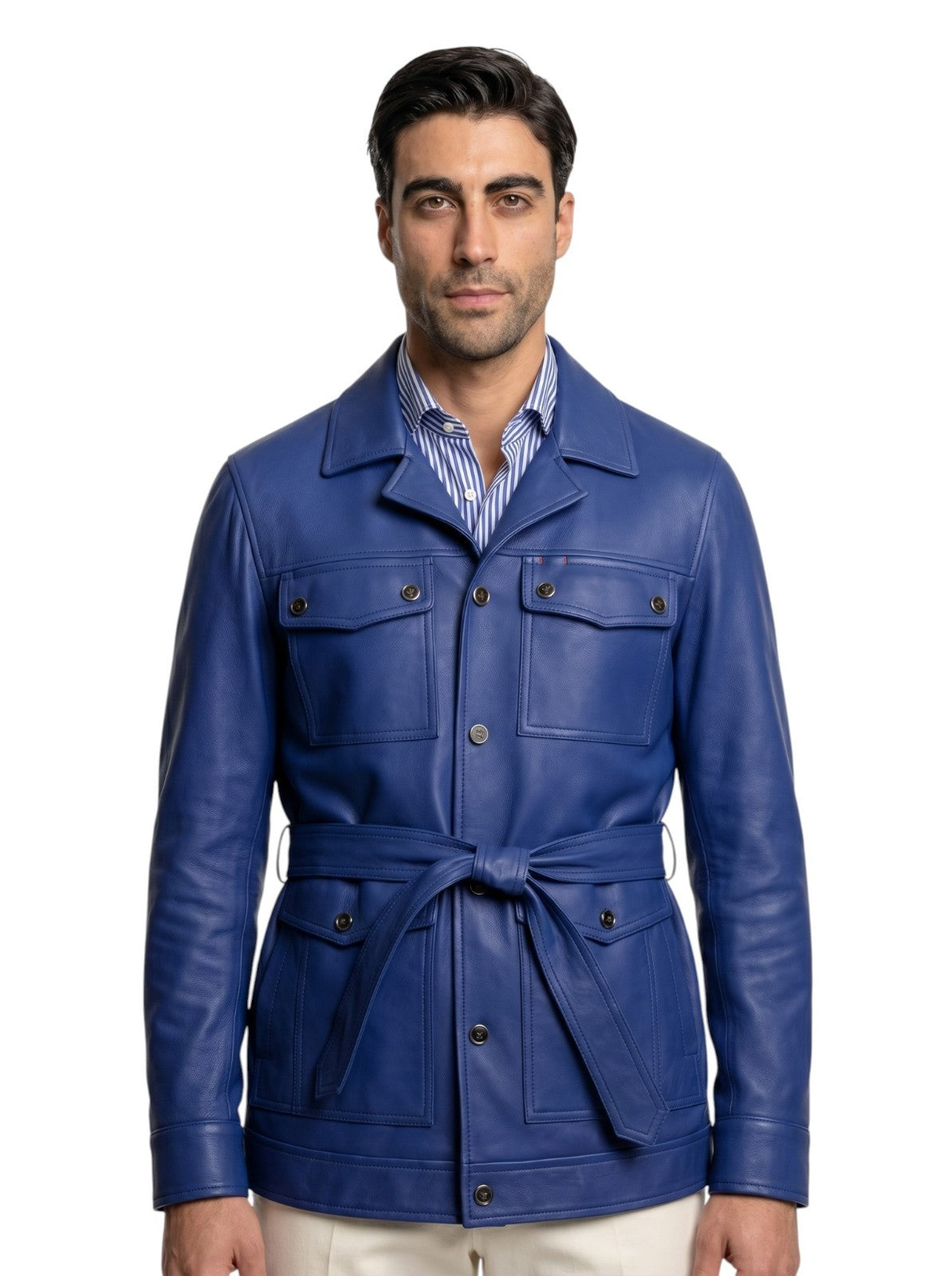 $6890 ISAIA NAPOLI Blue Belted Trench Jacket Calf Leather 38 US / 48 EU