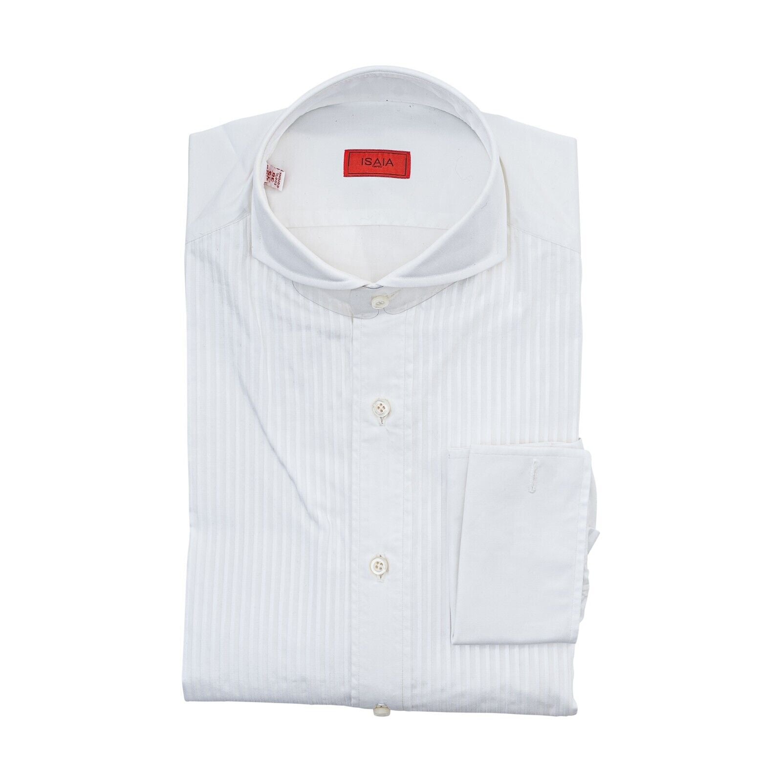 750$ ISAIA NAPOLI Solid White Hand-Sewn Tuxedo Shirt Plissè Cotton 15.5 - 39