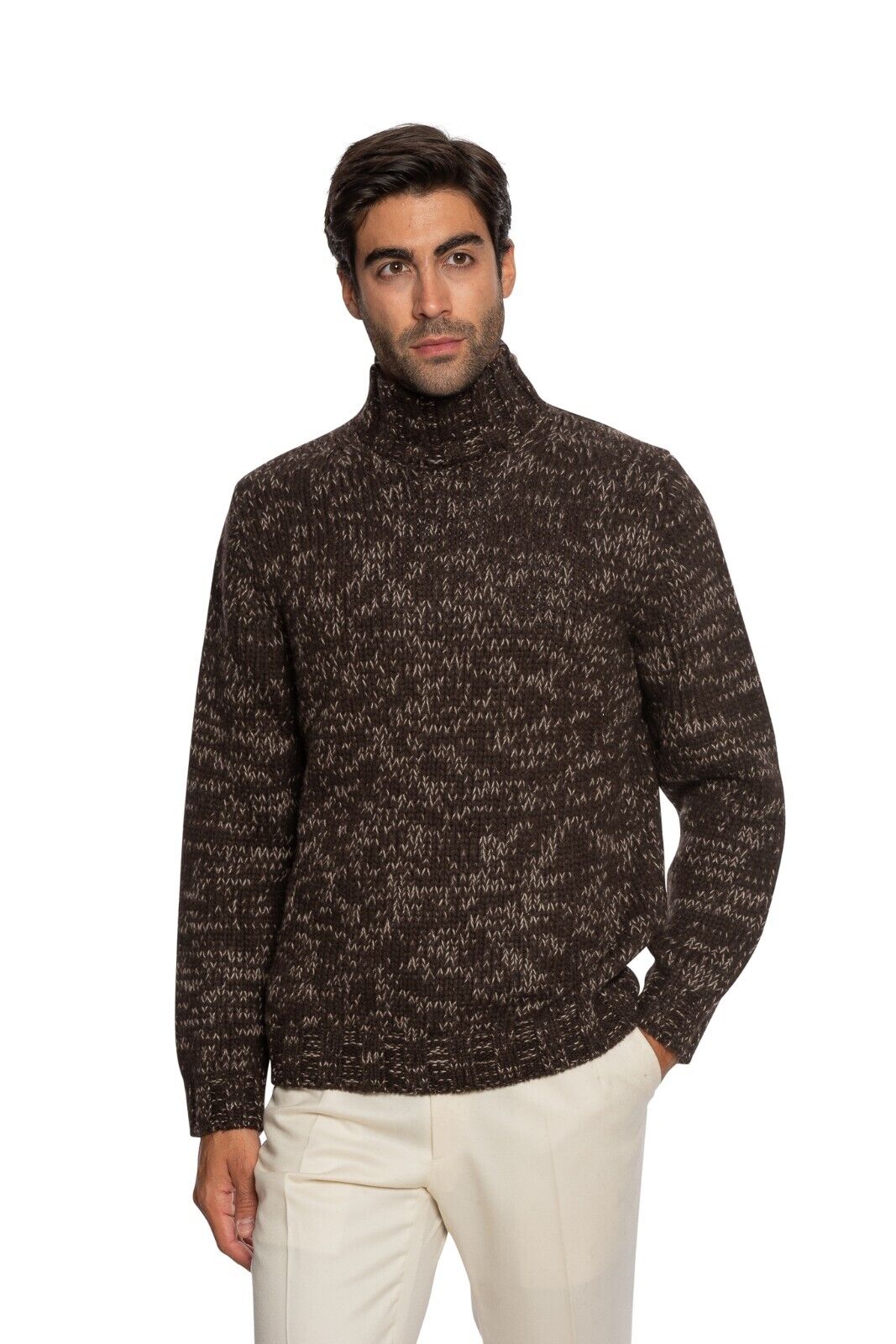 $1500 FEDELI CASHMERE Brown Sweater Thick Mouline Ribbed 100% Cashmere Mock Neck