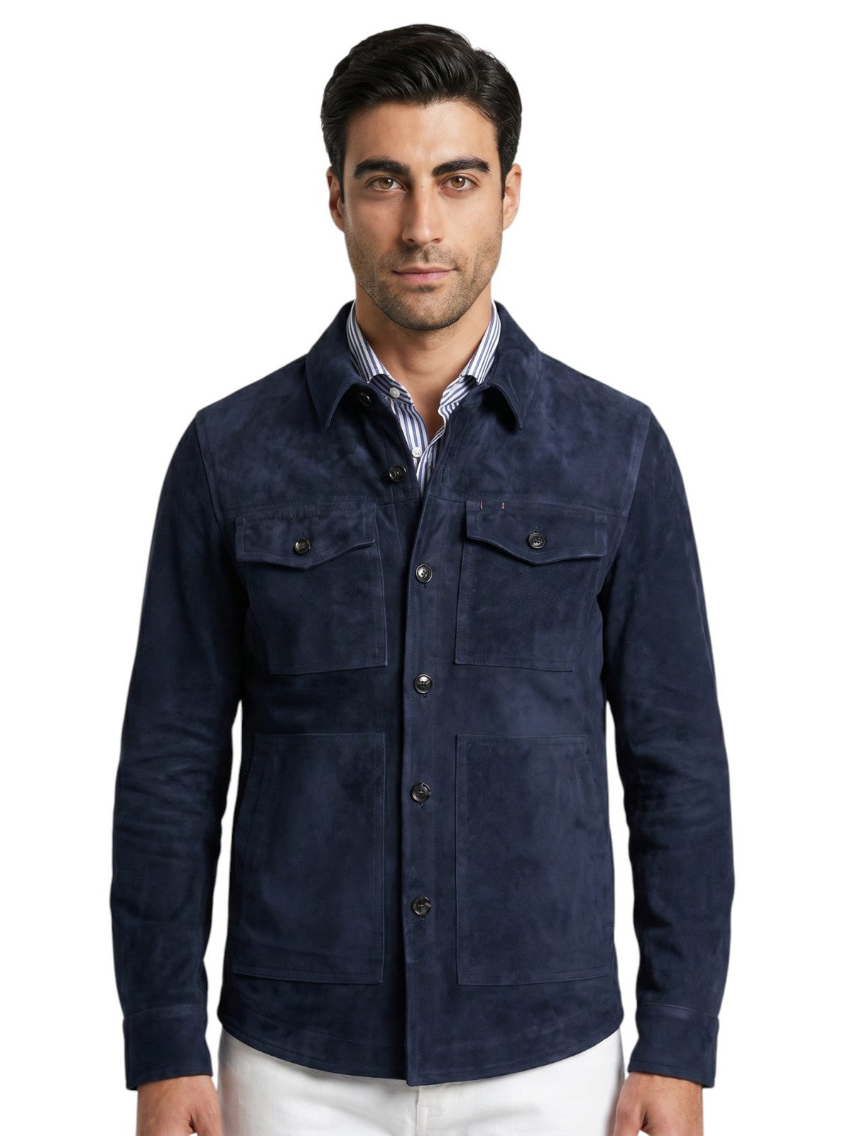 5500$ ISAIA Blue Navy Overshirt Jacket 100% Suede Lambskin Leather 38 US / 48 EU