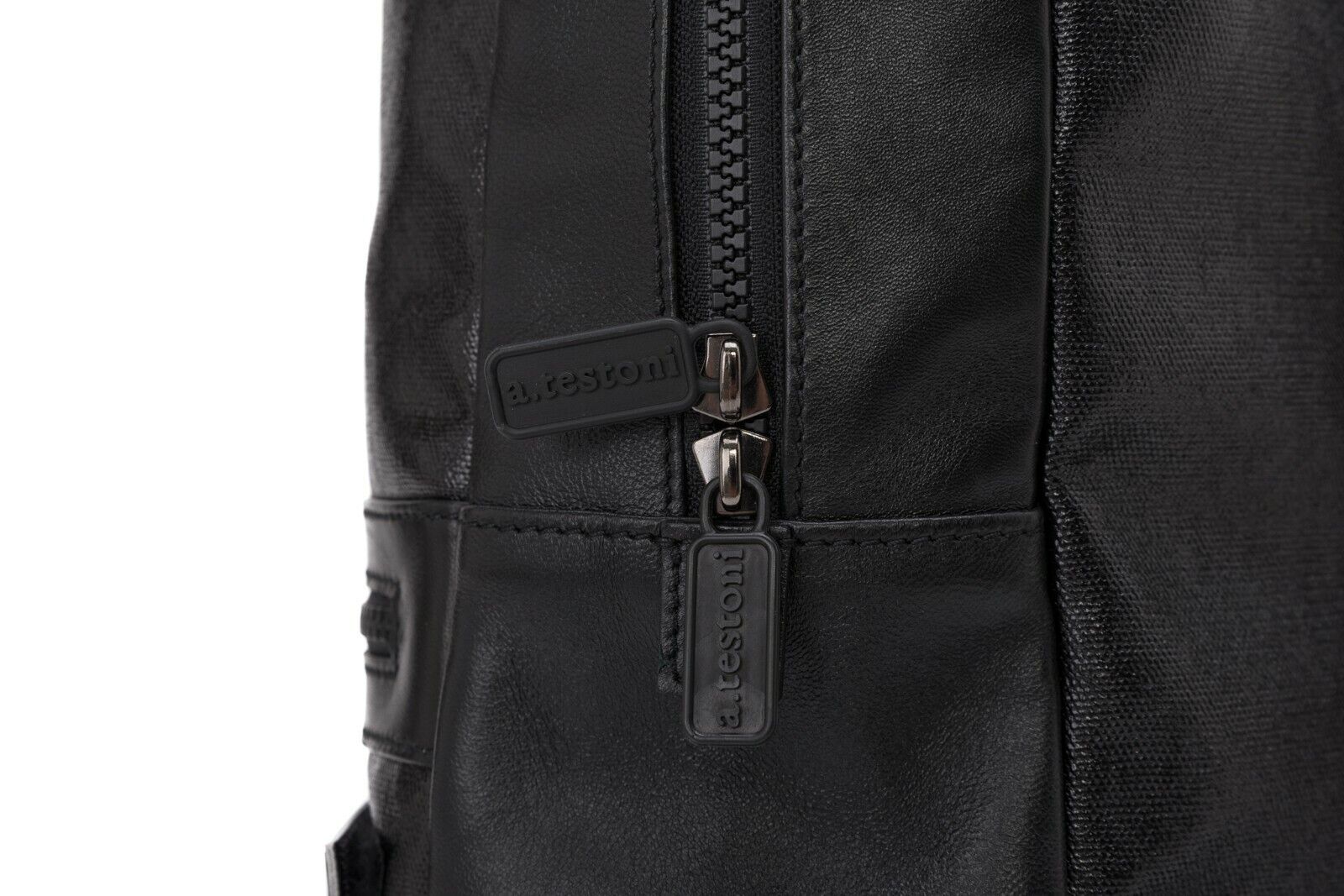 $1040 Testoni Bologna Black Luxury Backpack Techno Rain Fabric + Nappa + Patch