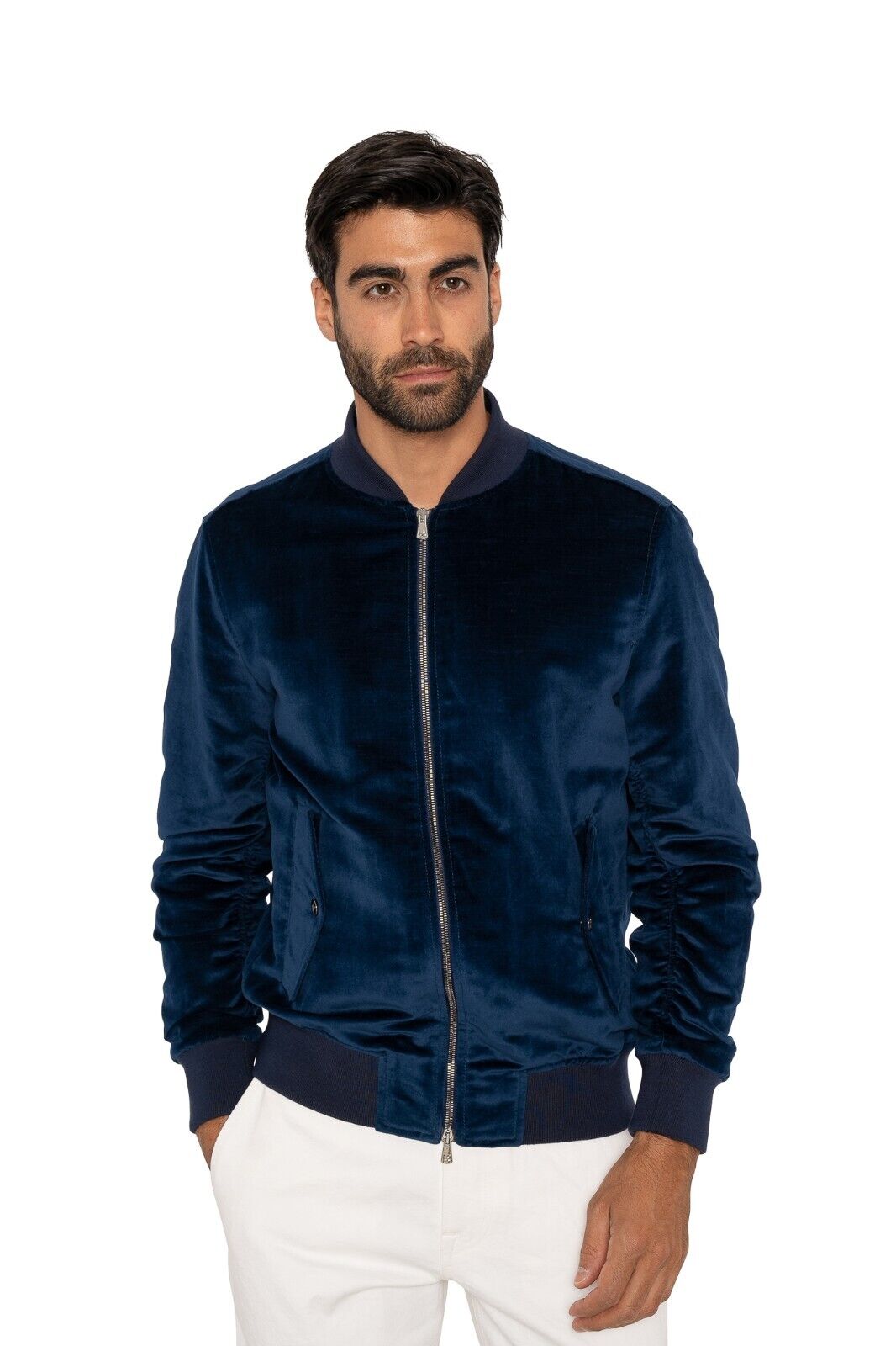 $3800 ISAIA NAPOLI Blue Bomber Jacket Velvet Cotton / Linen 40 US / 50 EU Slim