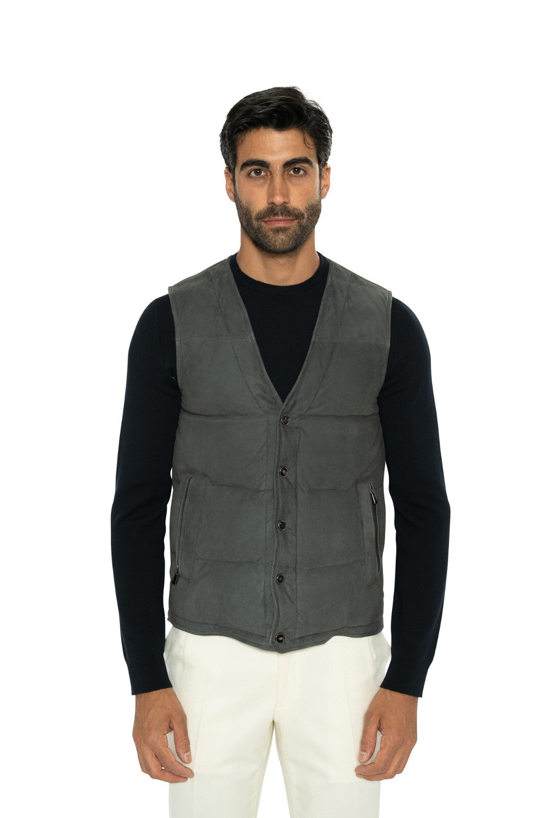 4200$ ISAIA NAPOLI Slate Green Padded Vest Jacket Lambskin Leather 38 US / 48 EU
