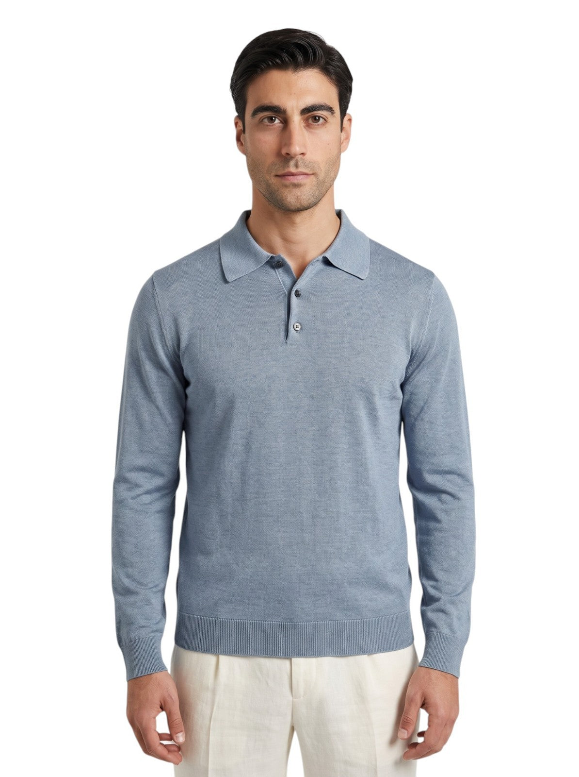 2100$ ISAIA NAPOLI Ice Blue Polo Sweater Long Sleeve 100% Silk Size M