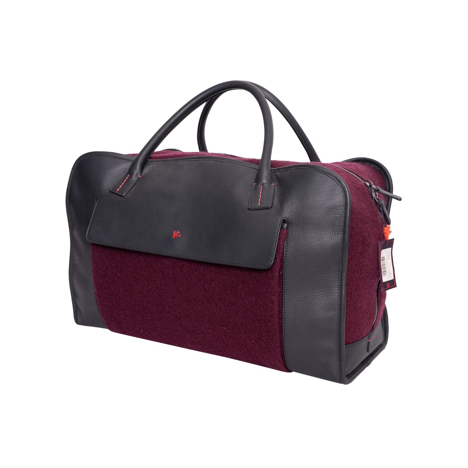 $4500 ISAIA NAPOLI Wine / Gray Large Duffle Bag Travel Weekend Leather / Wool