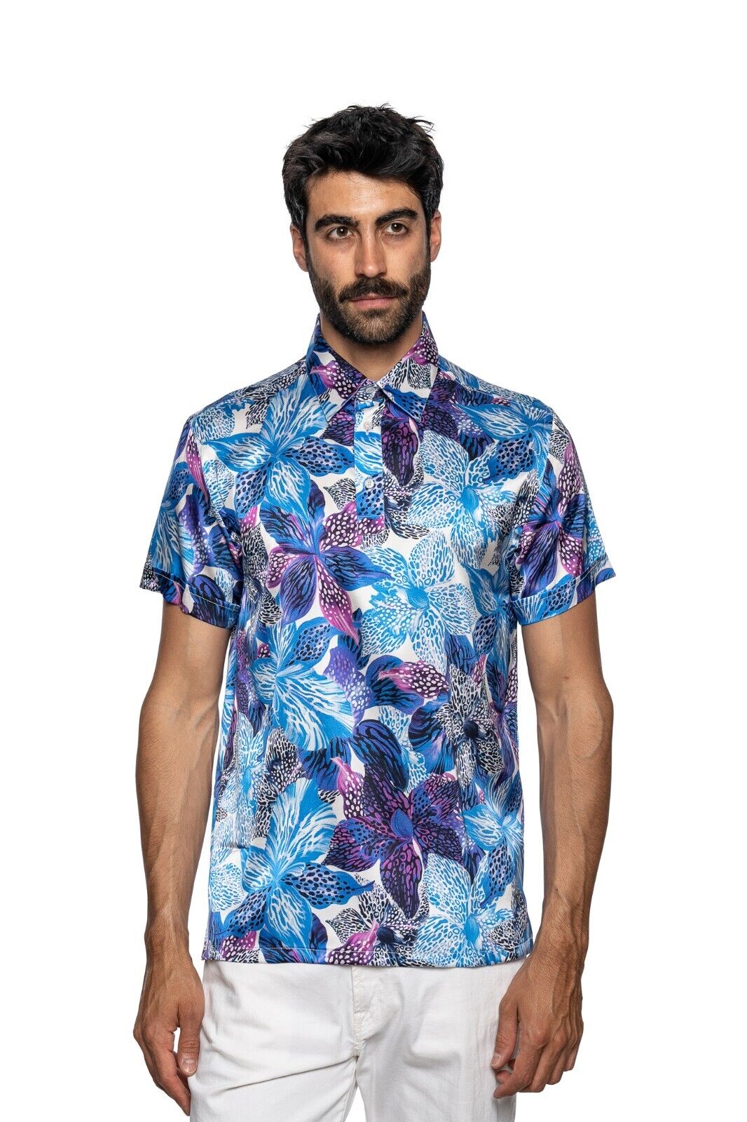 750$ ITALO FERRETTI " FLORAL " Polo Blue 100% Silk STRETCH COMO Size L BIJAN
