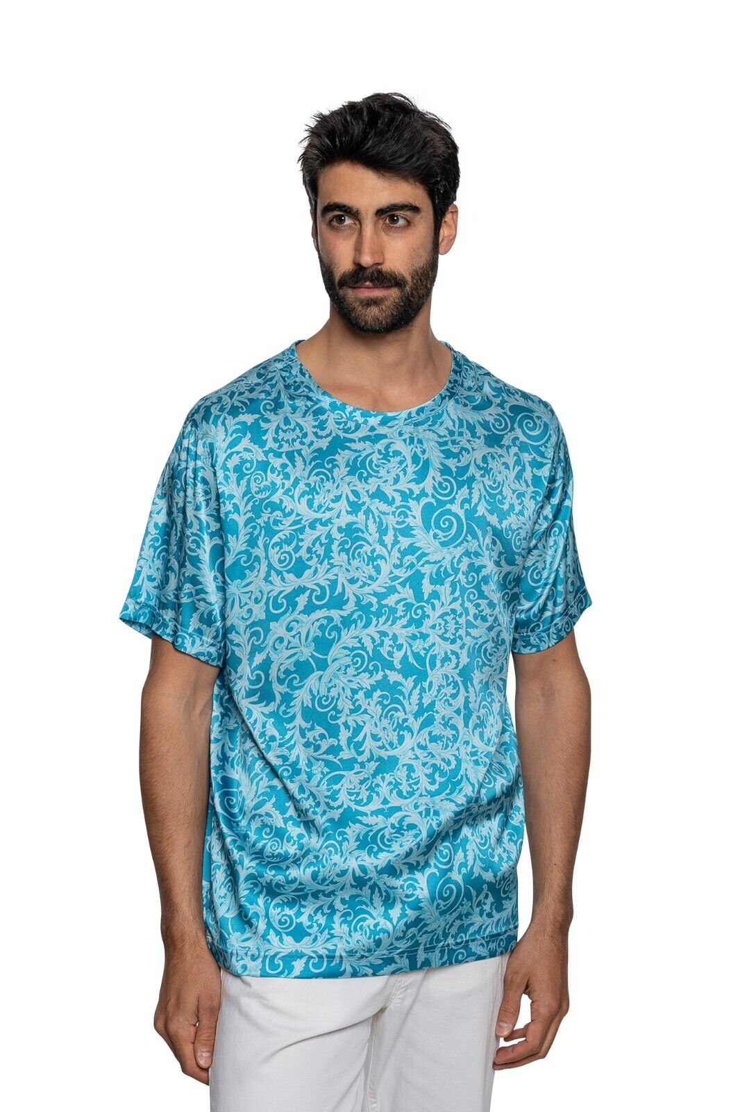 750$ LUXURY FABIO CAVIGLIA T-Shirt Blue "DAMASK" 100% Silk COMO STRETCH Size L