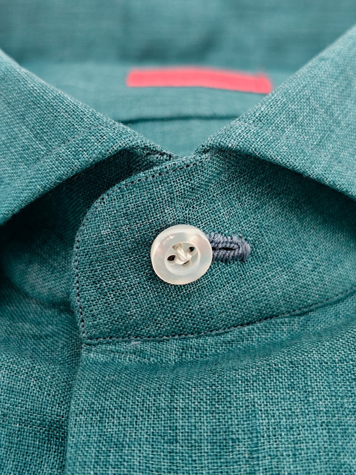 775$ ISAIA NAPOLI "Mix" Emerald Green Solid Dress Shirt Hand-Sewn 100% Linen