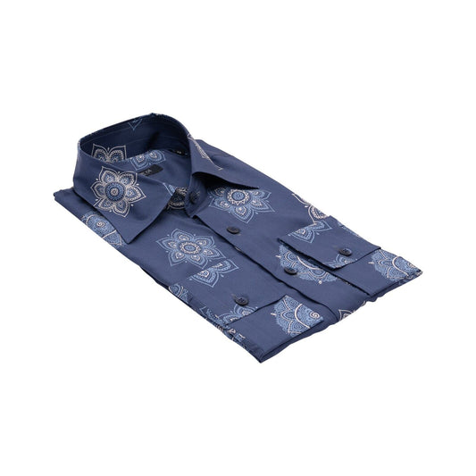 1400$ LUXURY MAROL BOLOGNA Floral Shirt Blue 100% COMO SILK Satin 15.5 - 39
