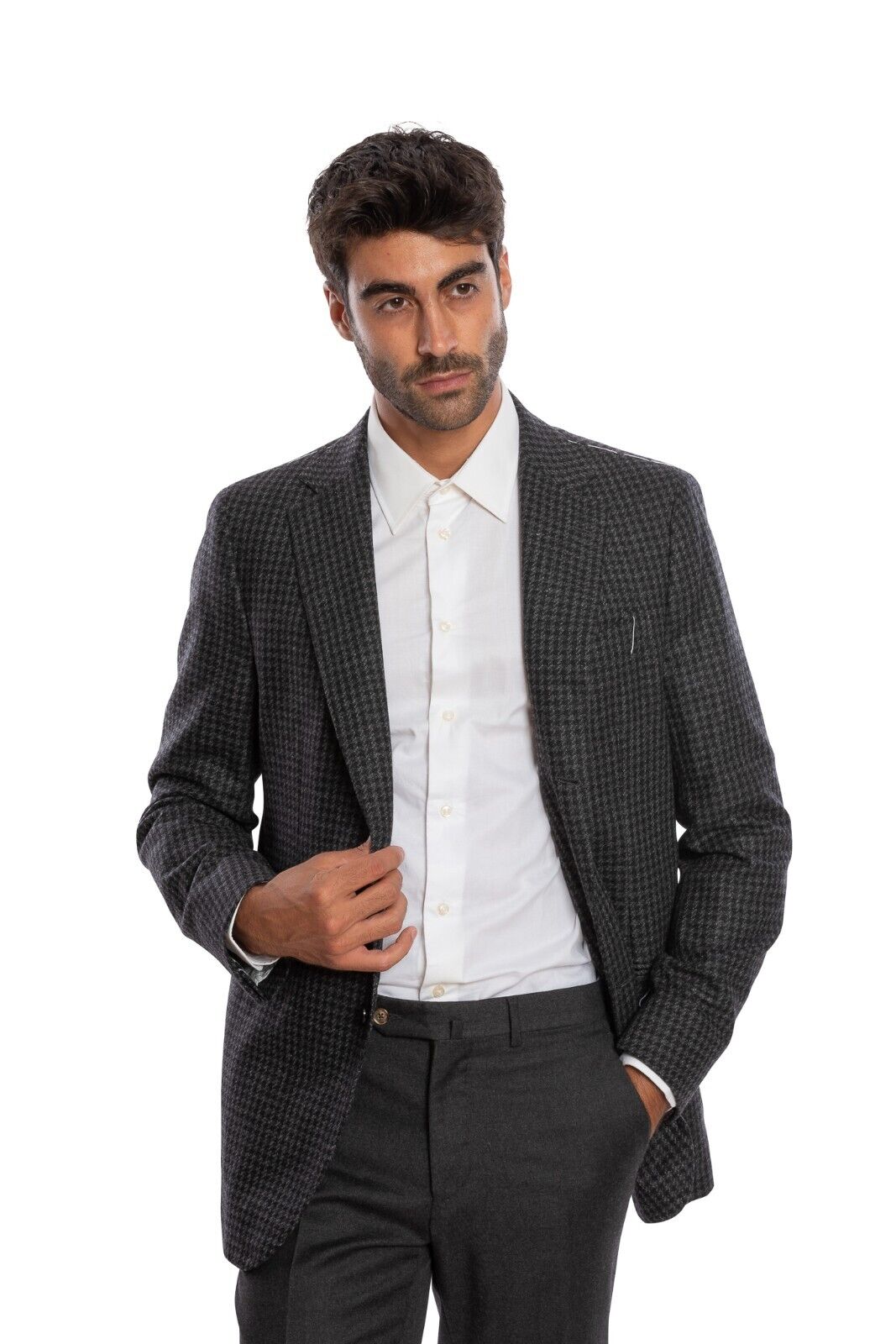 $2200 LUIGI BORRELLI "FIRENZE" Hand-Sewn Gray Jacket Cashmere Mohair Houndstooth