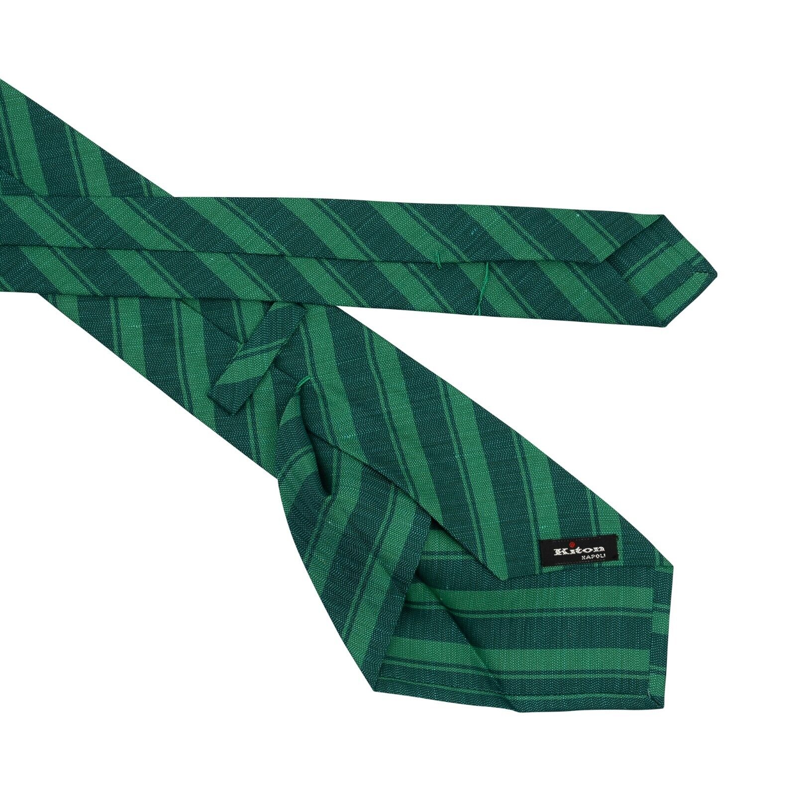 $330 KITON NAPOLI 7 - Fold Tie Regimental Green Silk / Linen 148cm - 8.5cm