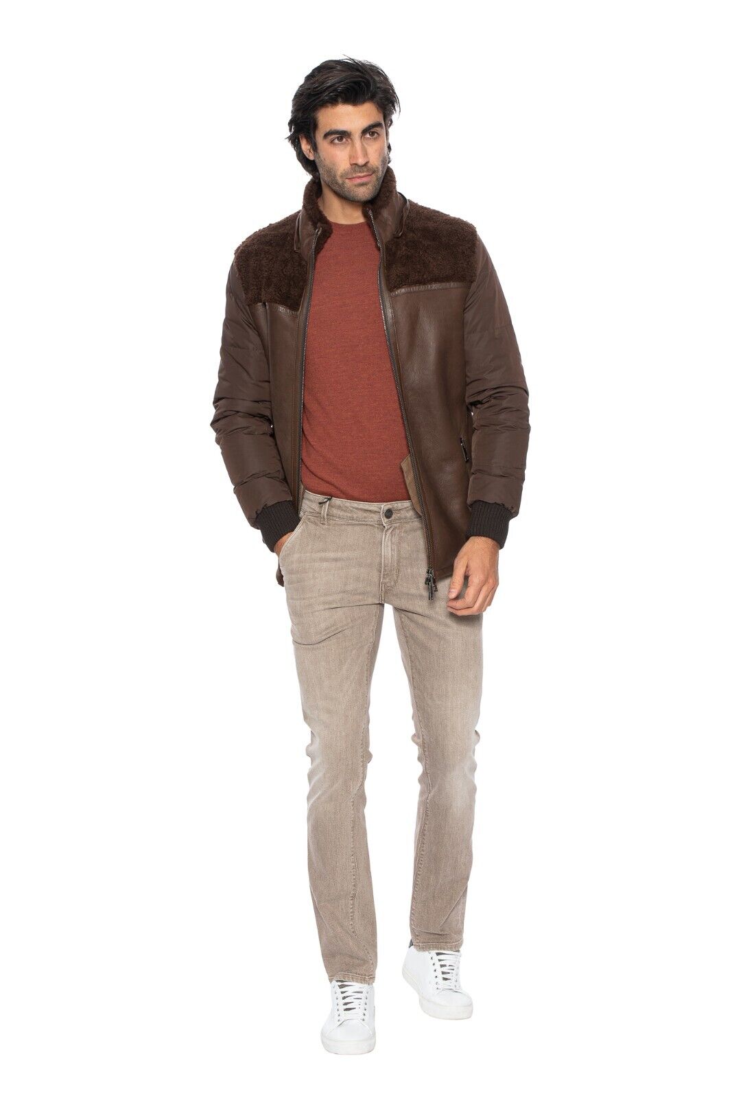 $3885 HETTABRETZ for TESTONI Brown Jacket Coat Puffer Goose Down + Shearling