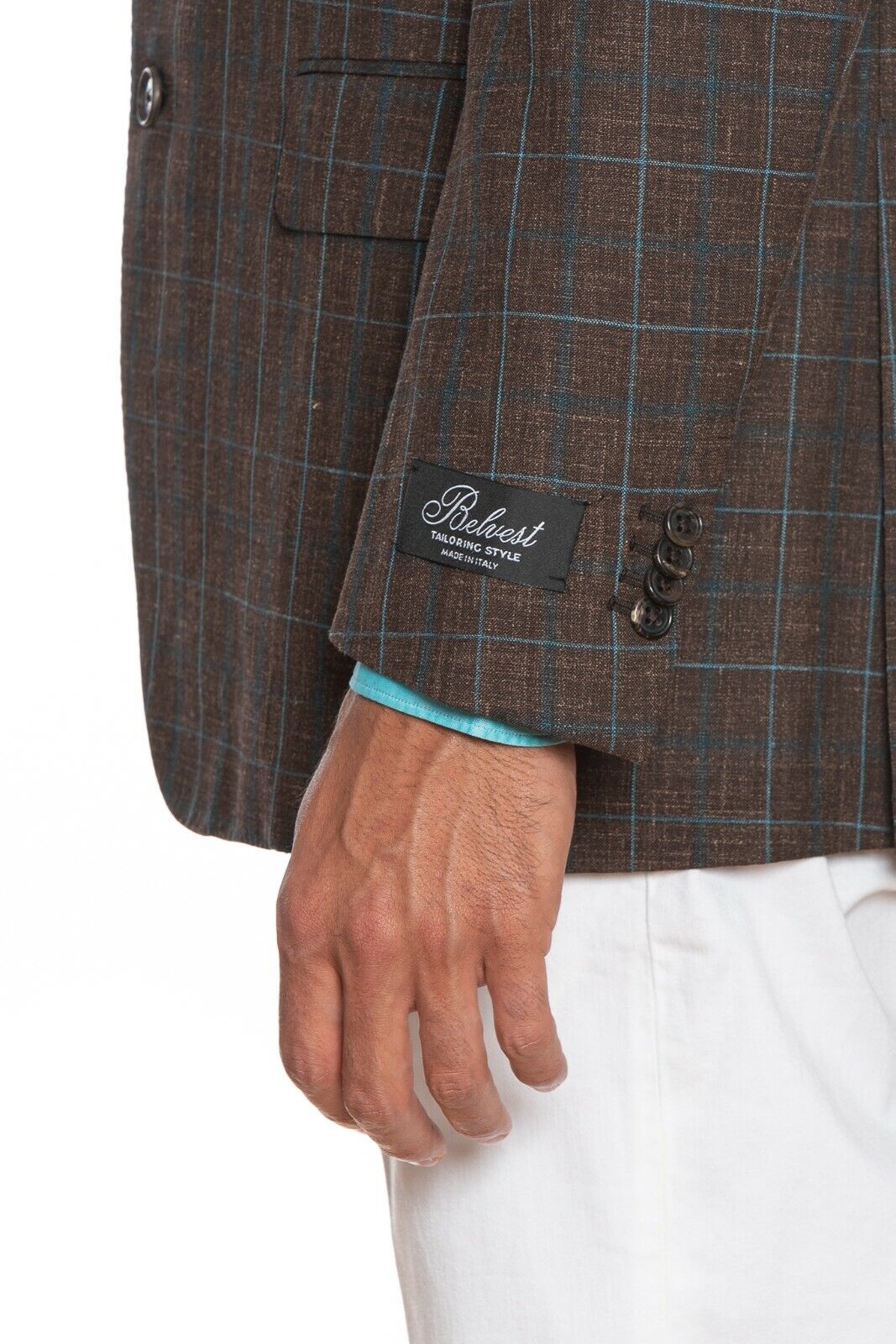 2230$ BELVEST Sartorial Jacket Brown / Aquamarine Checks Wool Silk Linen Drop 7