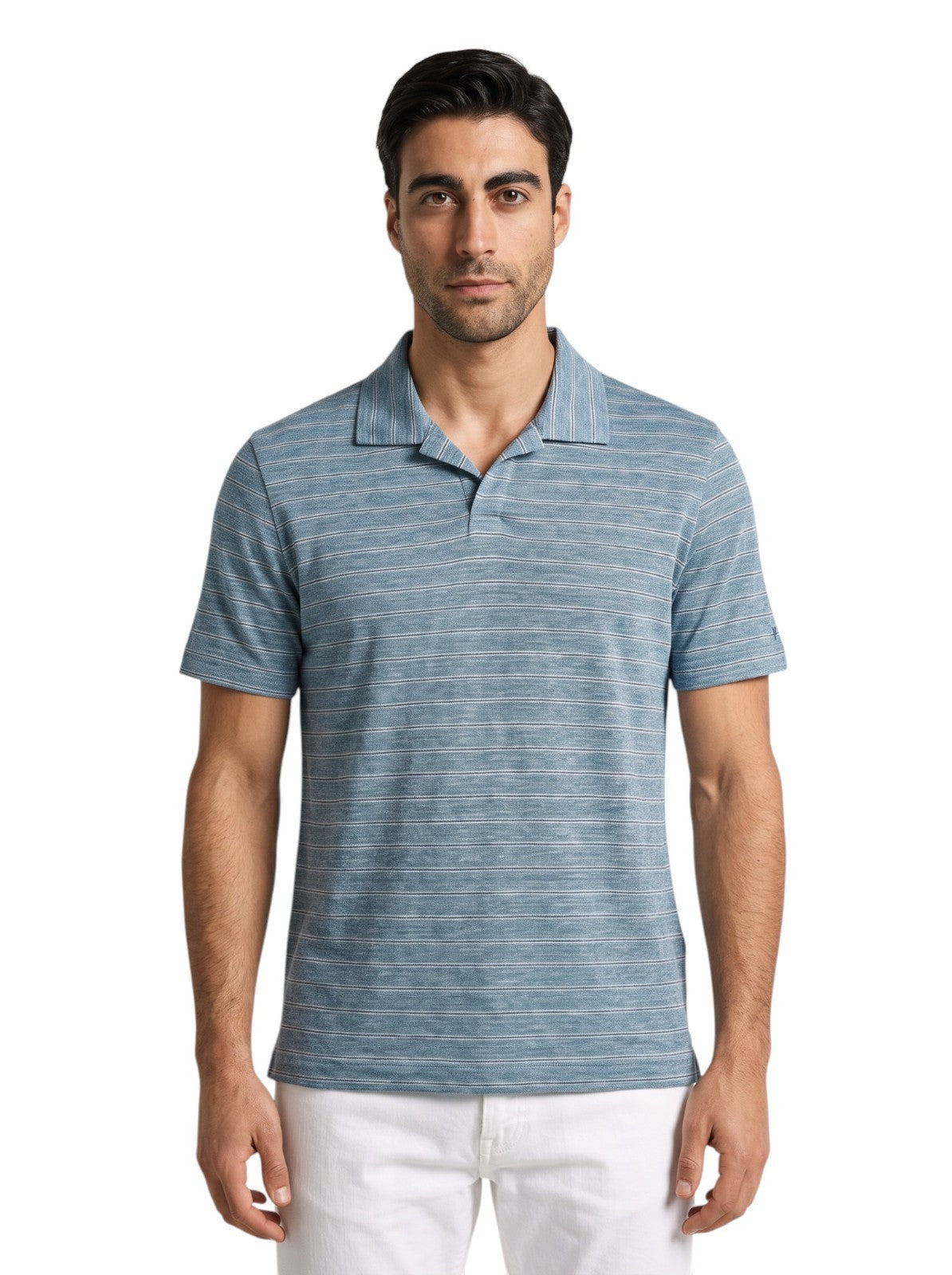 850$ ISAIA NAPOLI Teal Blue Striped Polo 100% Linen Jersey Size 2XL