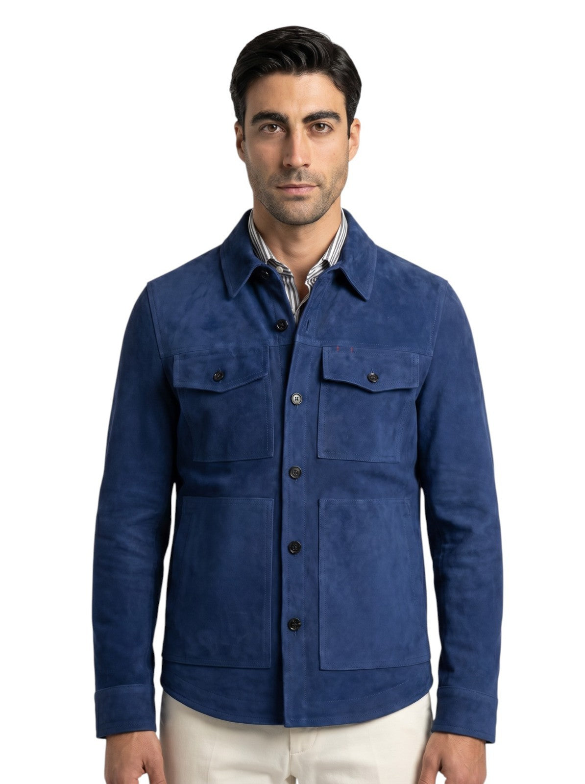 5500$ ISAIA NAPOLI Blue Overshirt Jacket 100% Suede Lambskin Leather