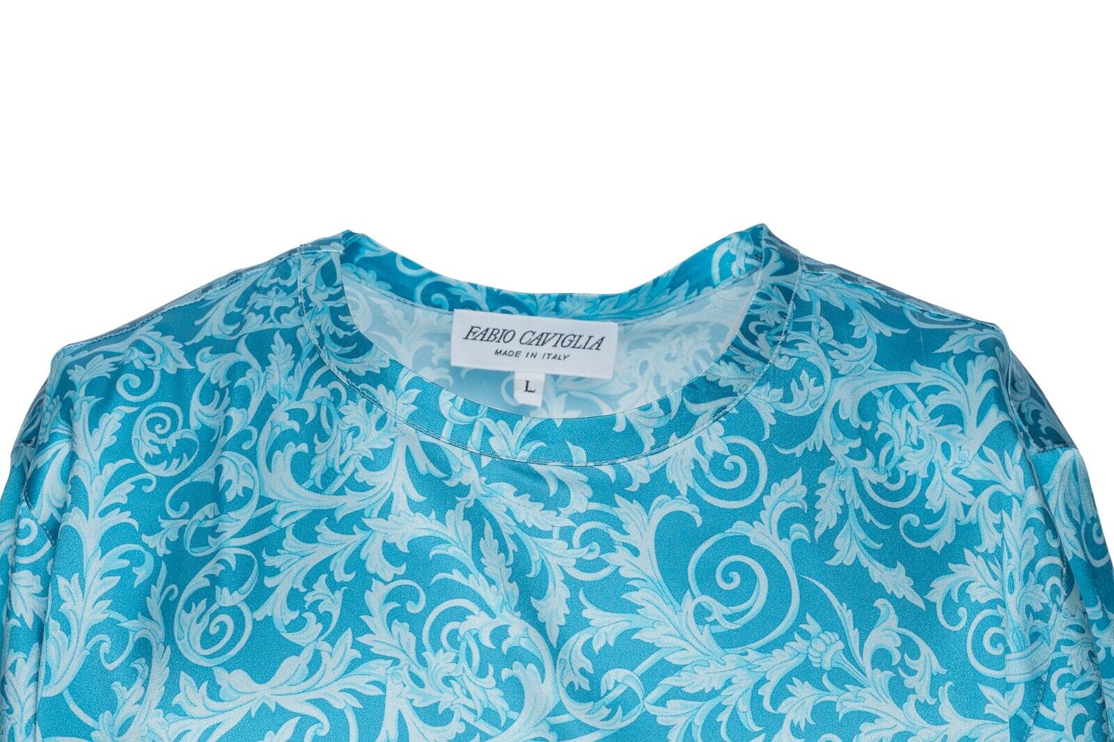 750$ LUXURY FABIO CAVIGLIA T-Shirt Blue "DAMASK" 100% Silk COMO STRETCH Size L