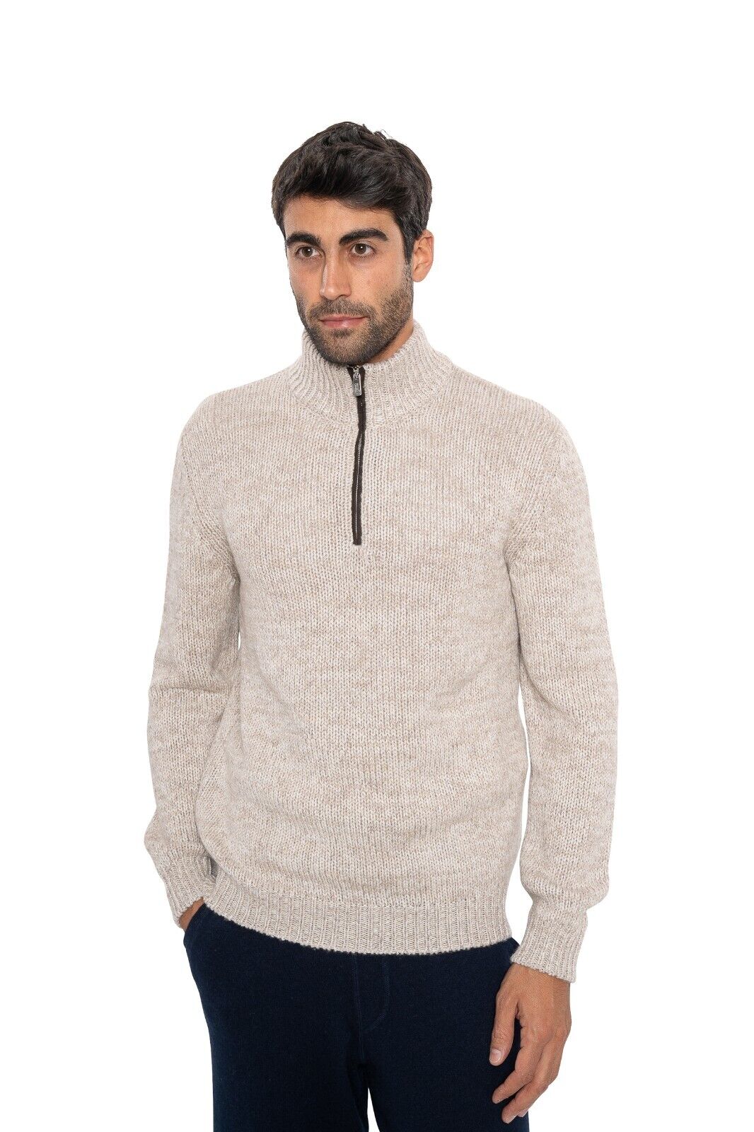 $1800 FEDELI "Favonio" Beige Cardigan Half Zip 100% Cashmere + Suede 40 US 50 EU