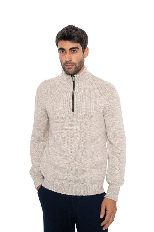 $1800 FEDELI "Favonio" Beige Cardigan Half Zip 100% Cashmere + Suede 40 US 50 EU