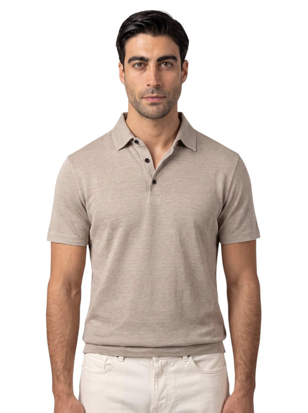 850$ ISAIA NAPOLI Beige Short Sleeve Handmade Polo 100% Linen