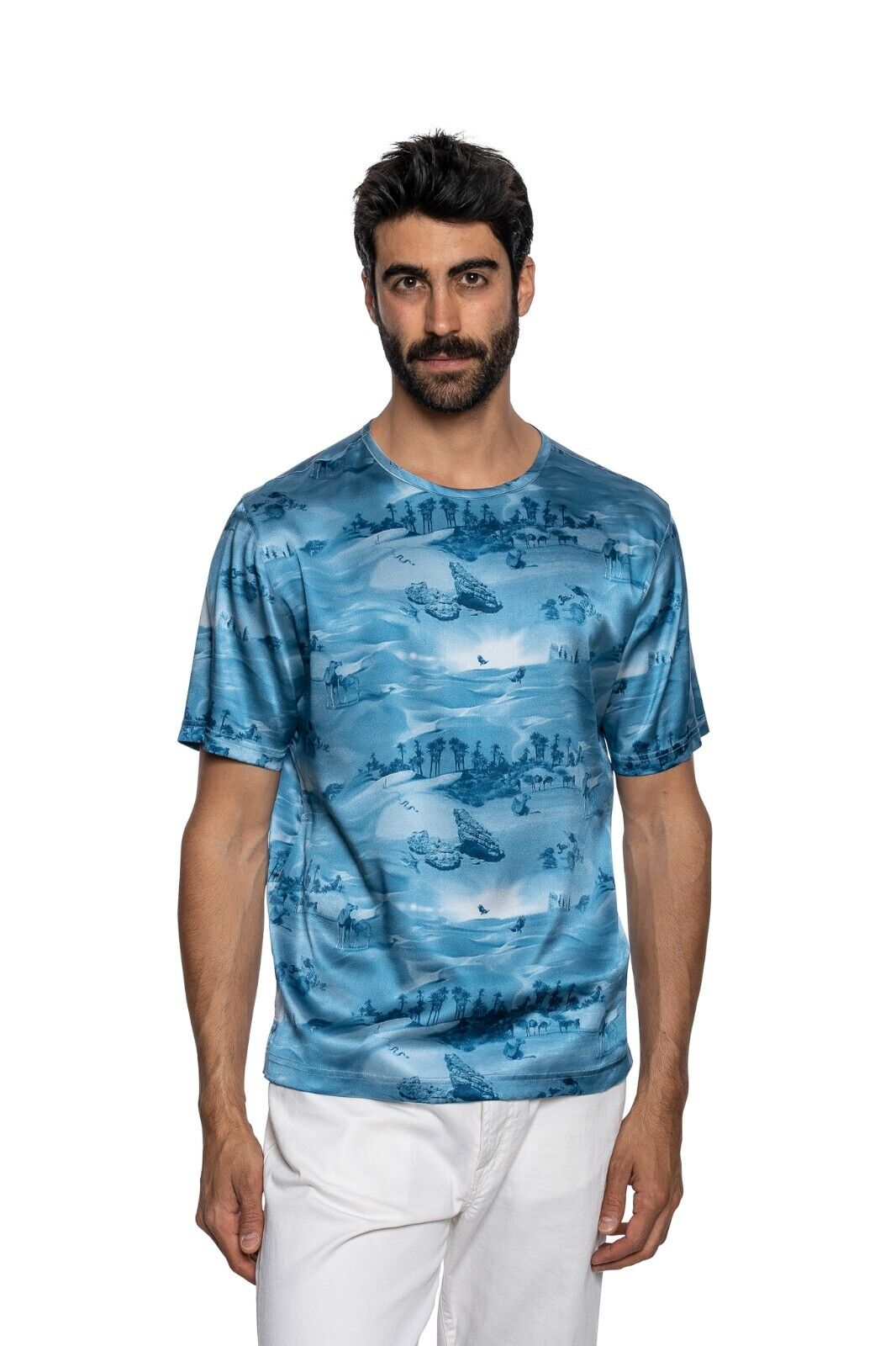 750$ ITALO FERRETTI T-Shirt Blue "SAHARA" 100% Silk COMO Size L ZILLI