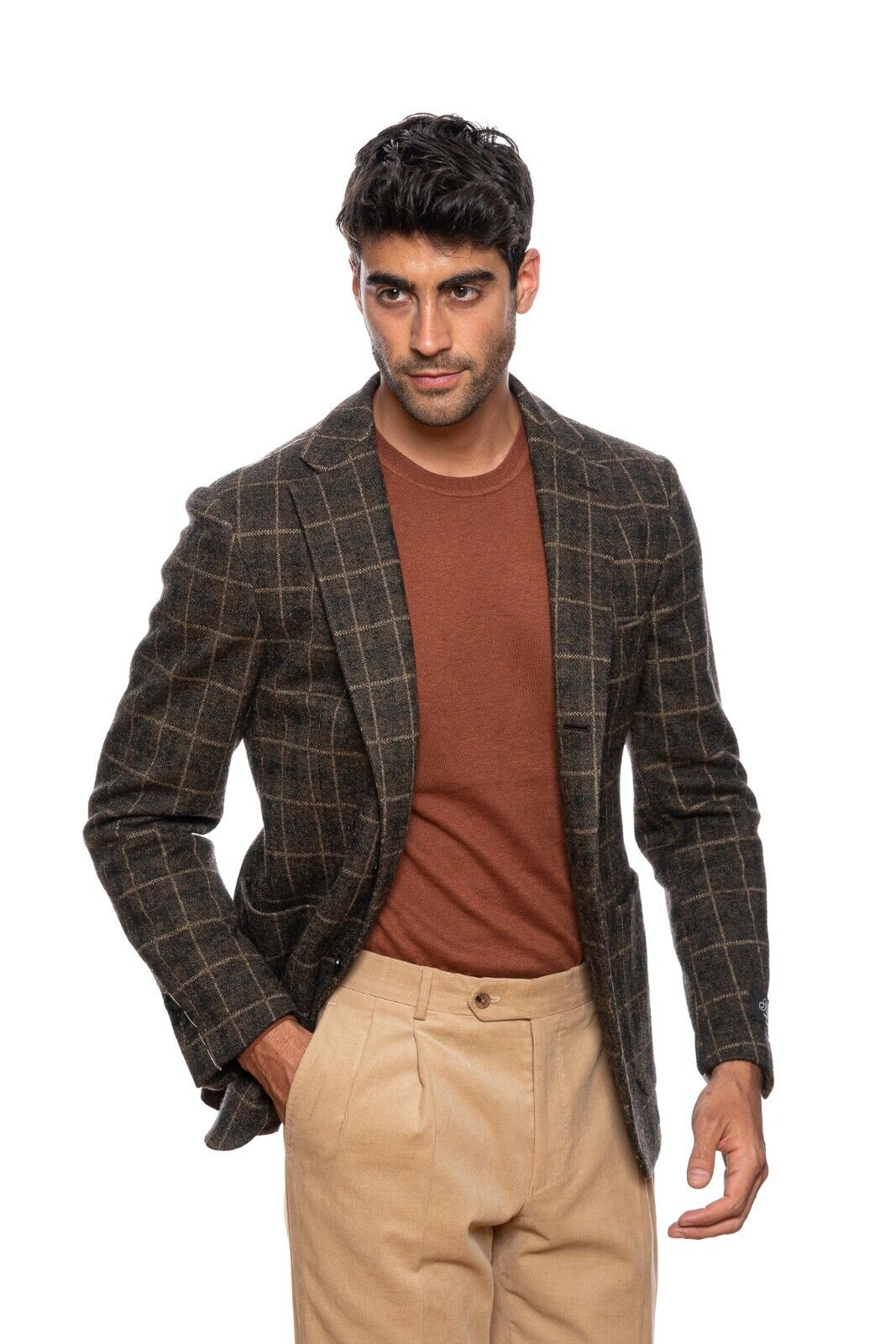 $2380 BELVEST Brown Wool Blend Windowpane Jacket 42 US / 52 EU Drop 8R F/W 2018