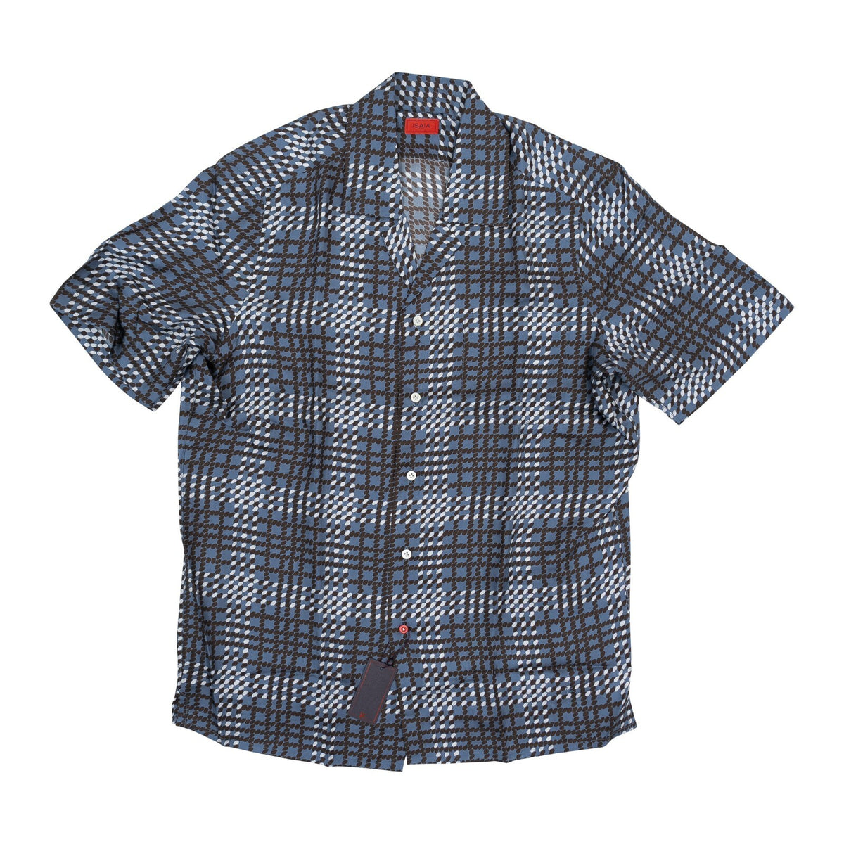 1250$ ISAIA NAPOLI Blue Geometric Shirt Camp Collar 100% Silk