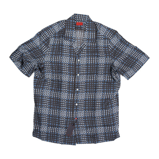 1250$ ISAIA NAPOLI Blue Geometric Shirt Camp Collar 100% Silk