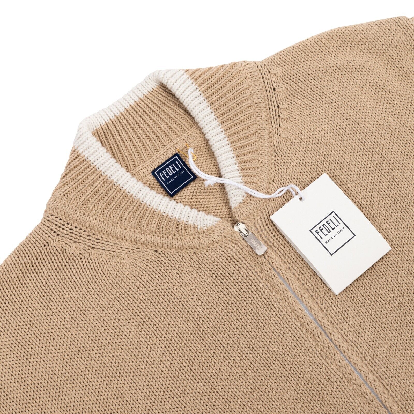 $1100 FEDELI CASHMERE Beige Cardigan Sweater Full Zip Cotton 40 US / 50 EU