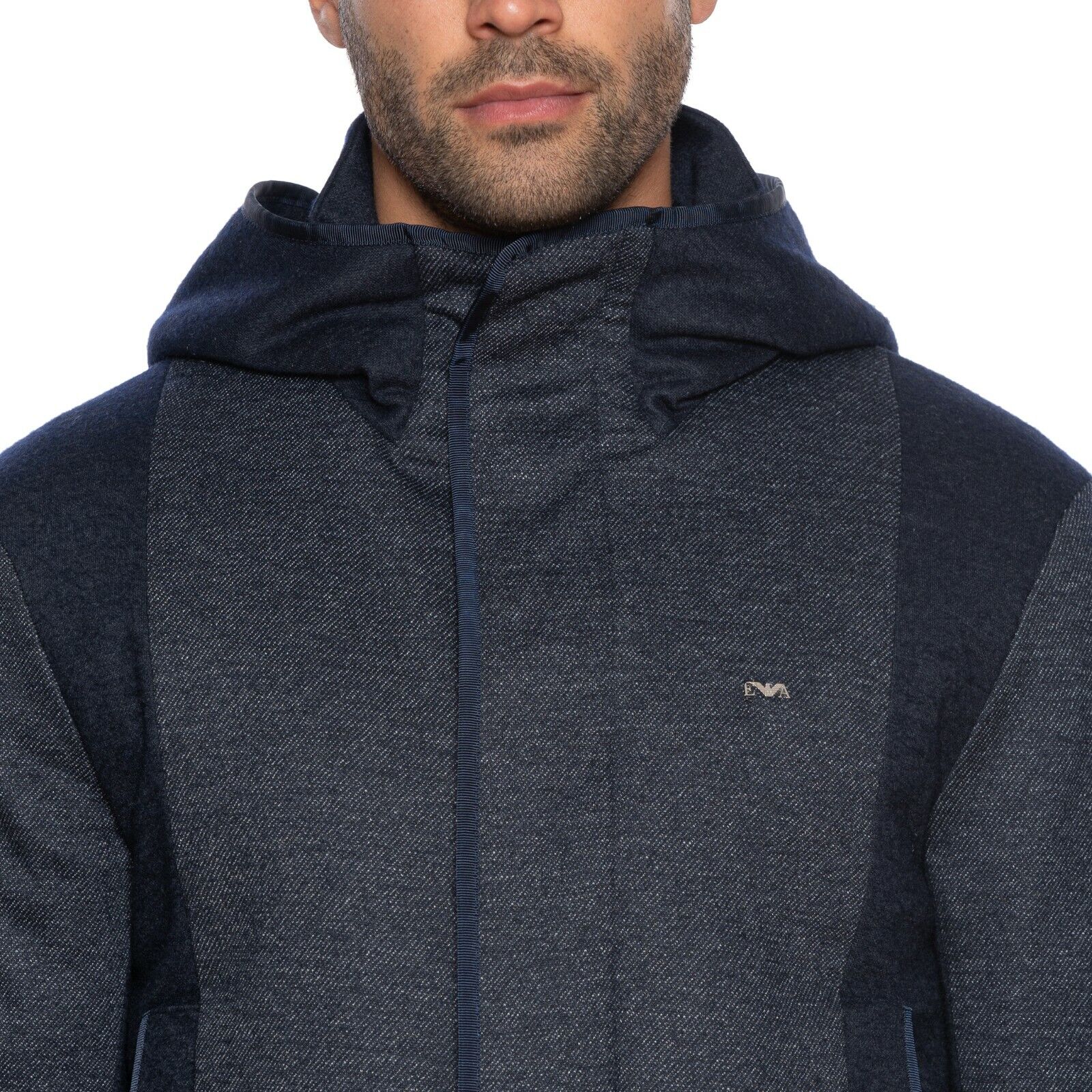 650$ EMPORIO ARMANI Bomber Blouson Jacket Blue Wool Blend "Brand Logo Steel"