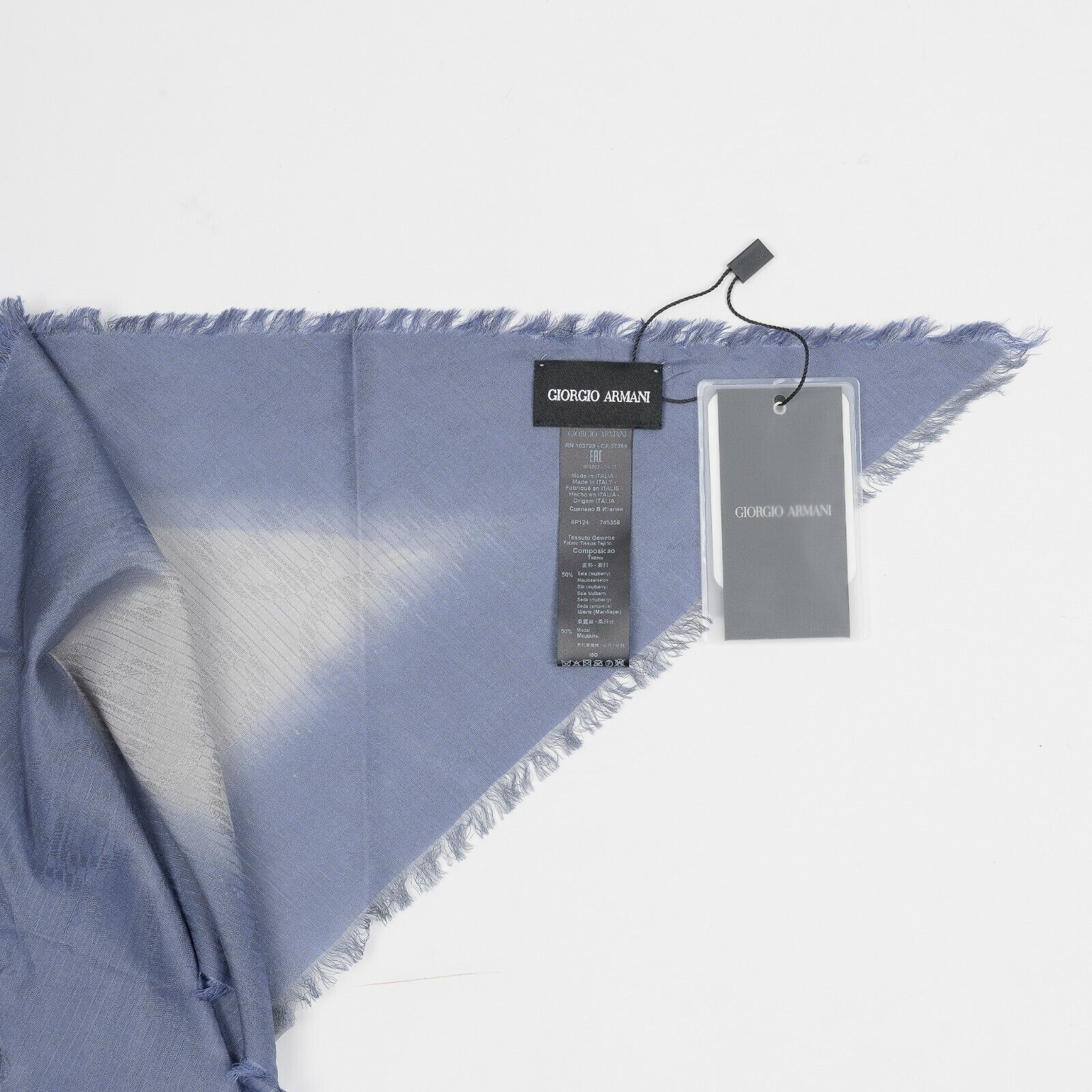 425$ GIORGIO ARMANI Black Label Triangle Foulard Scarf Periwinkle Blue Silk Mix