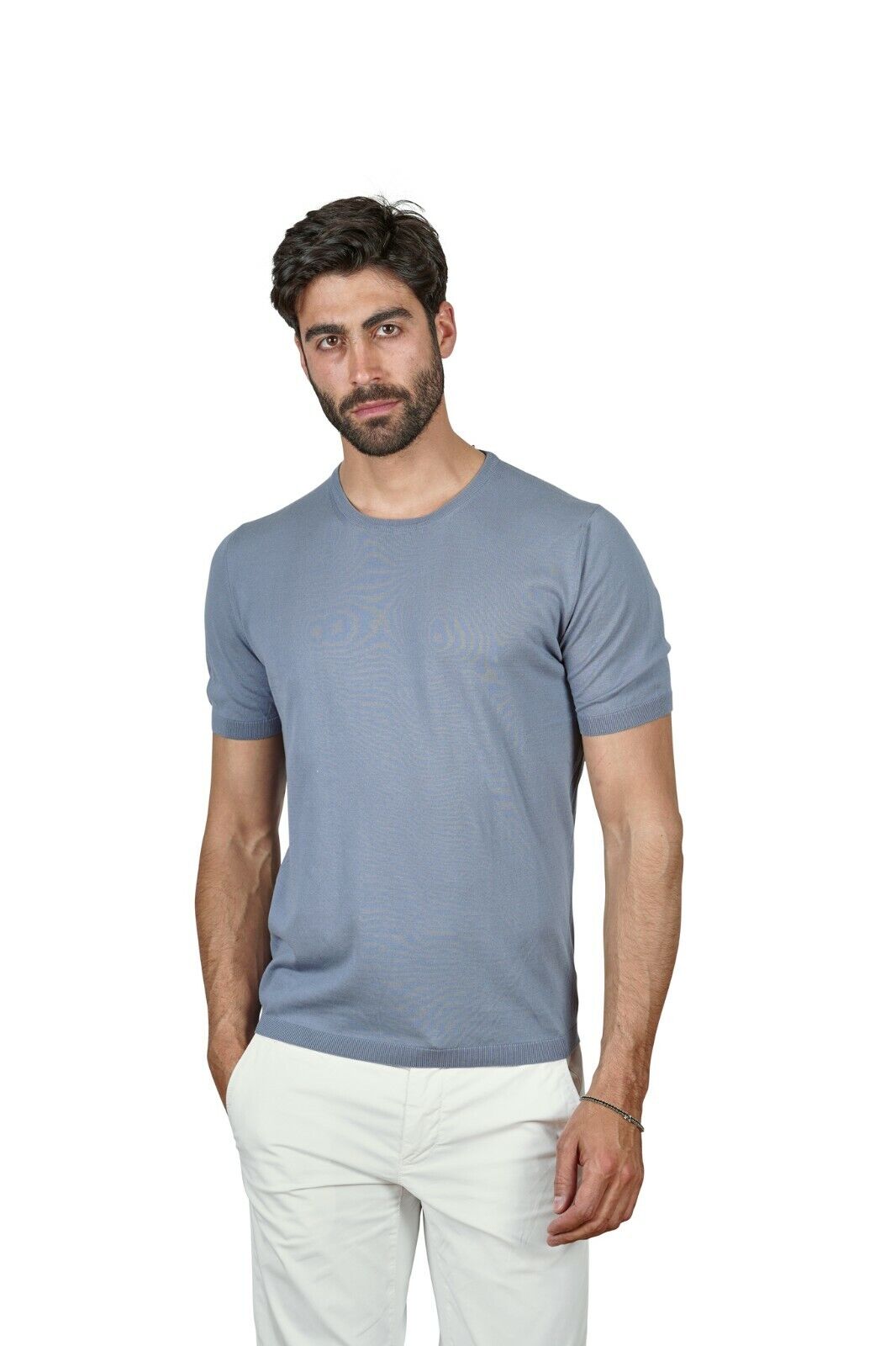 220$ Italian Luxury GRAN SASSO Knit T-Shirt Sweater " Fresh Cotton " Steel Blue