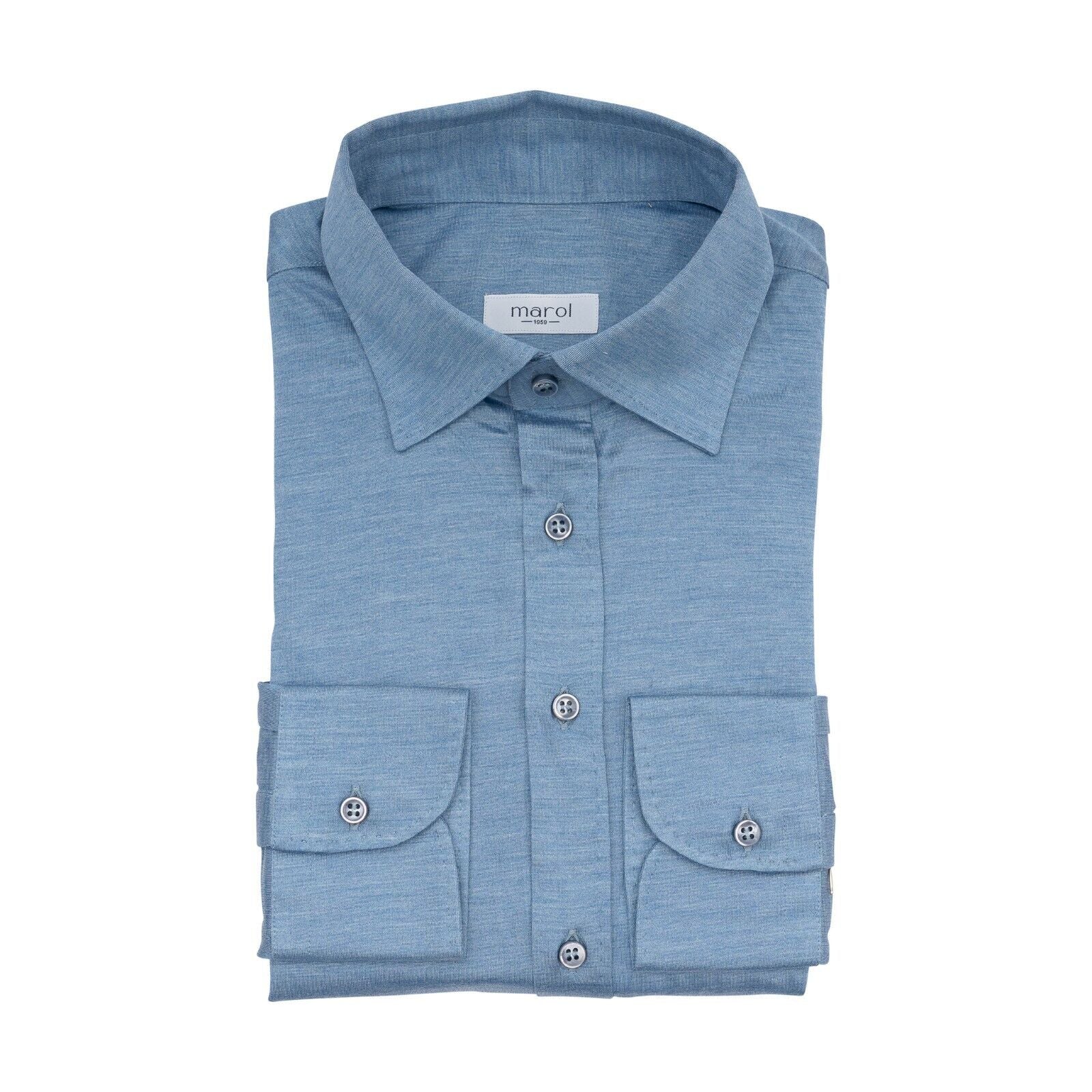 1400$ MAROL BOLOGNA Hand-Sewn Shirt Blue 100% COMO SILK Jersey 15.5 - 39
