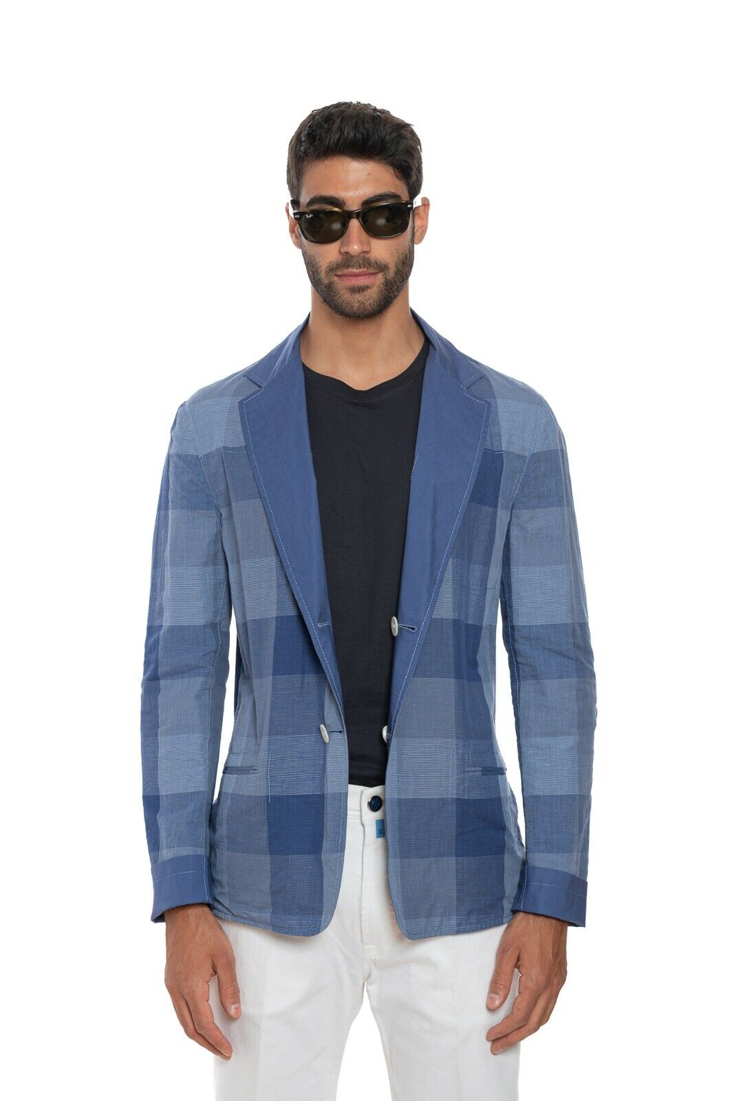 1450$ BELVEST Jacket Solid / Checks Blue Violet Reversible Cotton  Linen  Ramiè