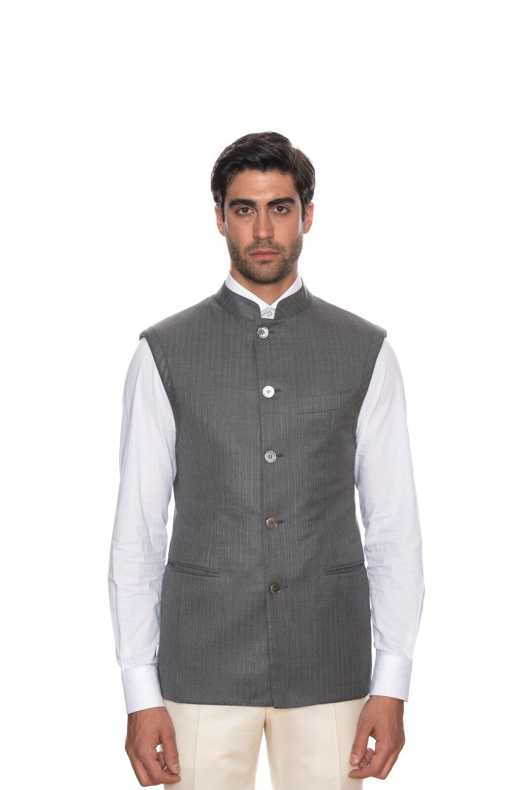 $7900 BIJAN Luxury Gray Wool Silk Nehru Jacket Hand-Sewn in Italy 38 US / 48 EU