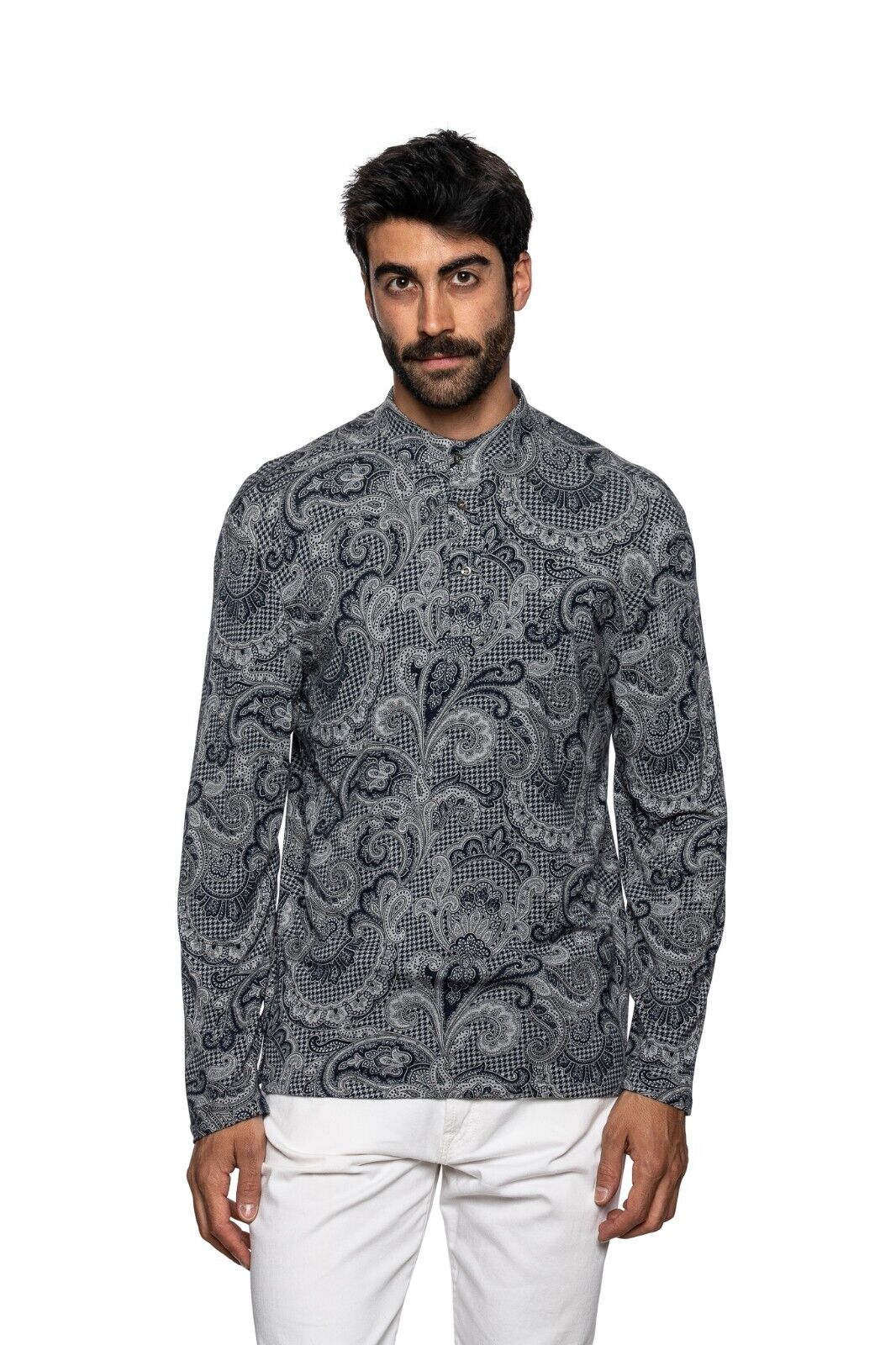750$ ITALO FERRETTI Korean Polo Shirt "PAISLEY" Jersey STRETCH Size L BIJAN