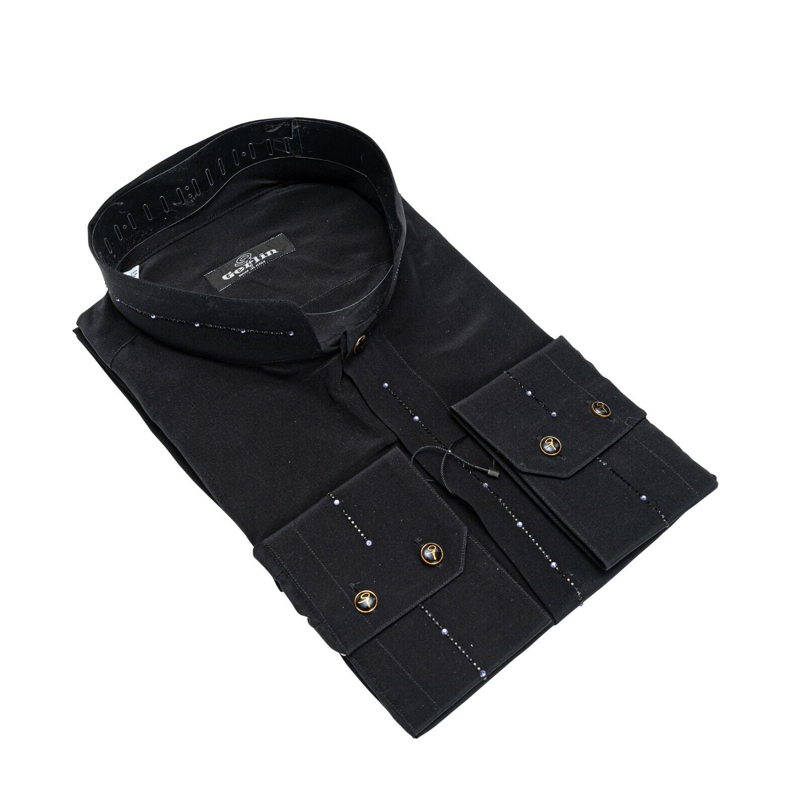 LUXURY 1400$ GERLIN Korean Shirt Strass Black 100% Silk 16-41 BIJAN