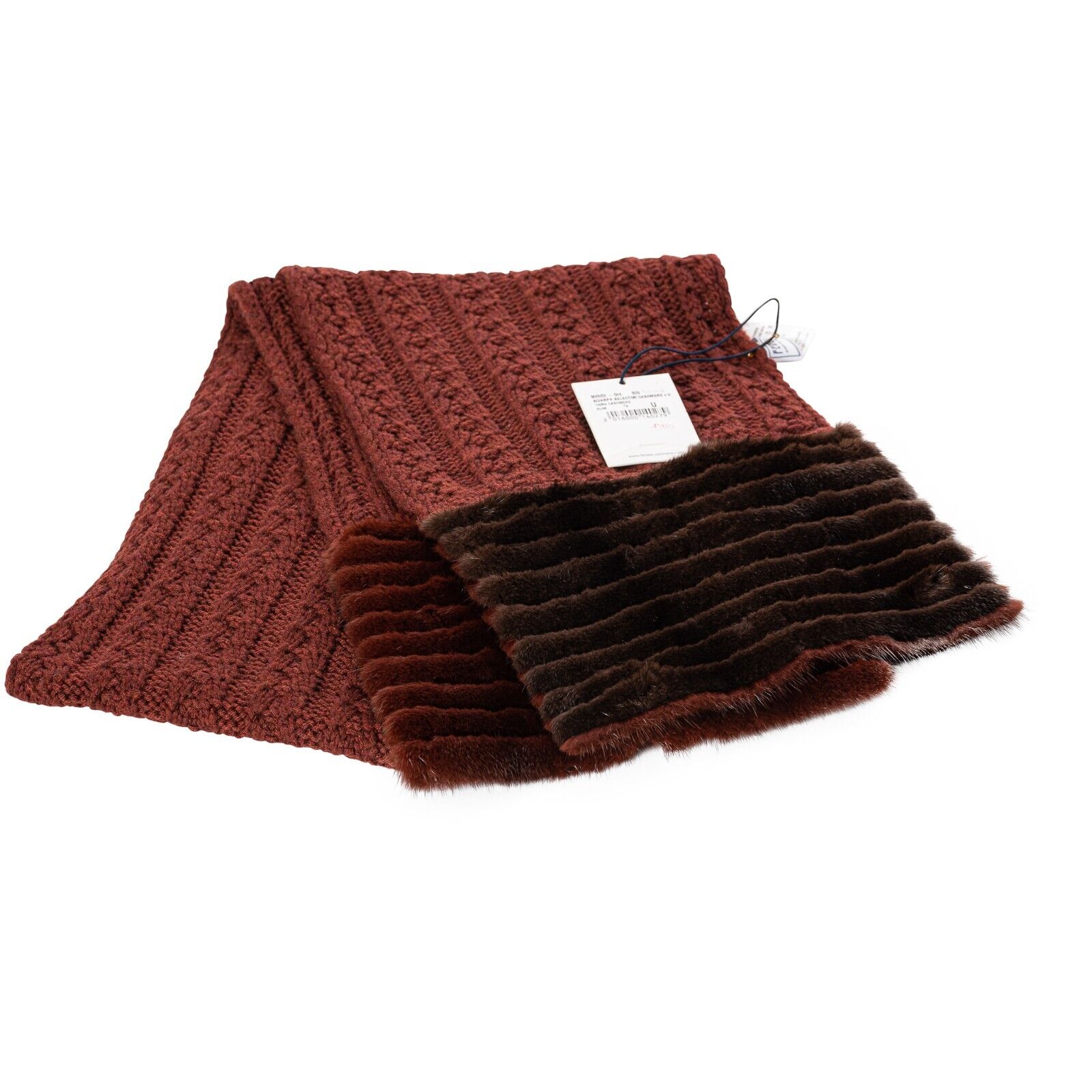 2200$ FEDELI CASHMERE Thick Scarf Cable Knit RUM 100% Cashmere + Mink Fur Bicolo