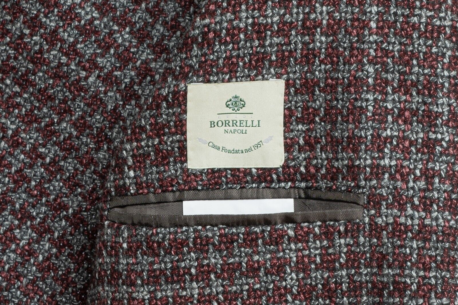$2080 LUIGI BORRELLI Hand-Sewn Wine Gray Houndstooth Jacket Wool Silk