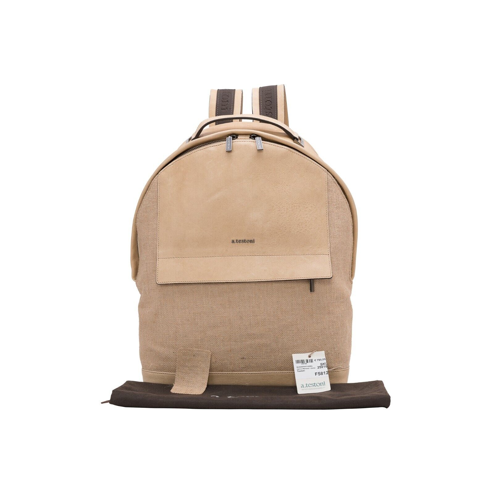 $960 Testoni Bologna Sand Luxury Backpack Juta Canvas + Washed Lambskin