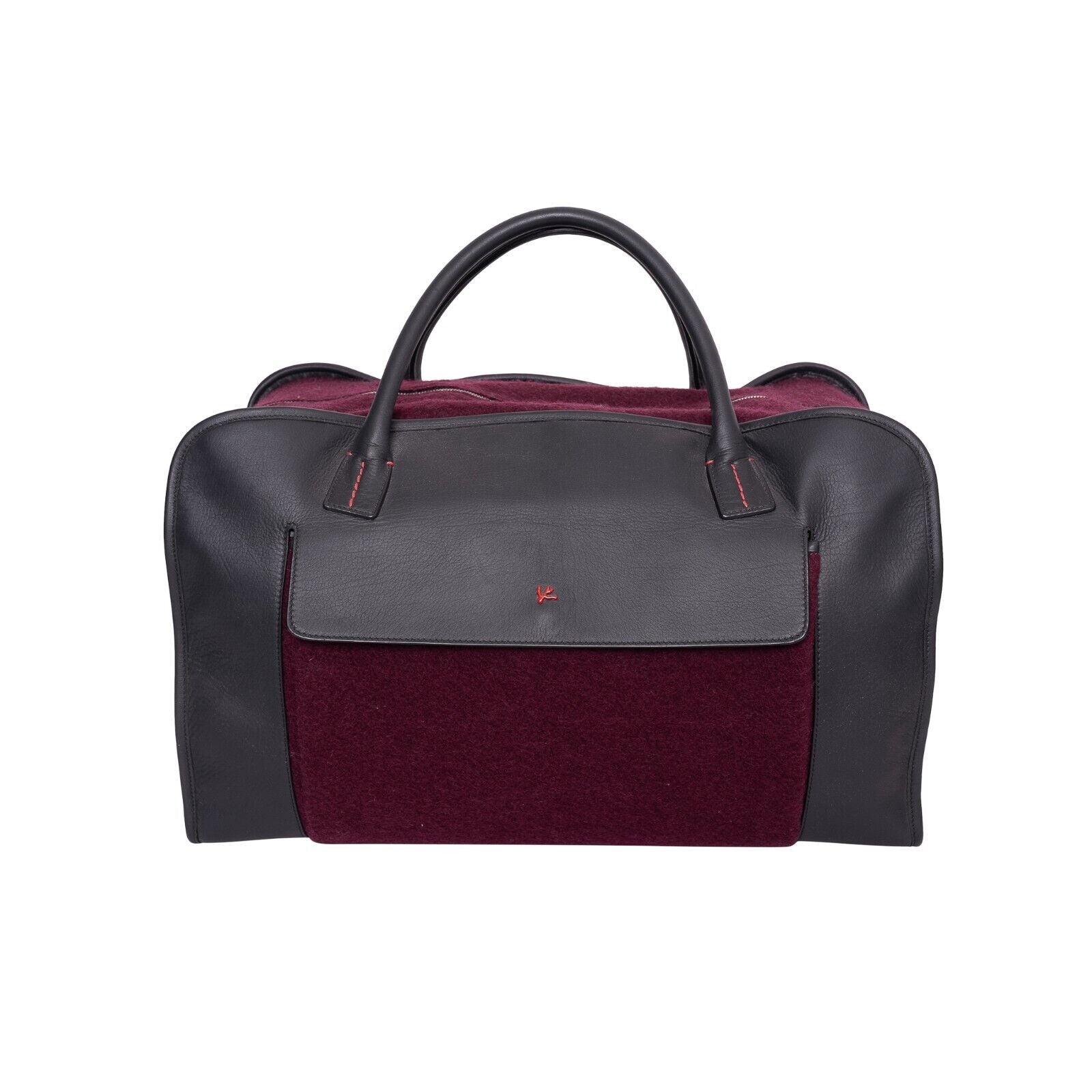 $4500 ISAIA NAPOLI Wine / Gray Large Duffle Bag Travel Weekend Leather / Wool