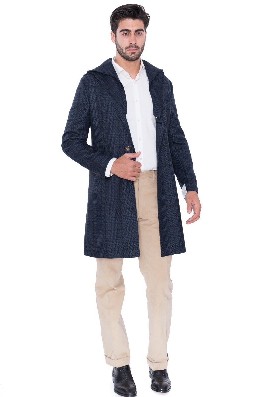 3250 BELVEST Glen Plaid Dark Blue Wool Coat 38 US / 48 EU Drop 8R F/W 2018 Slim